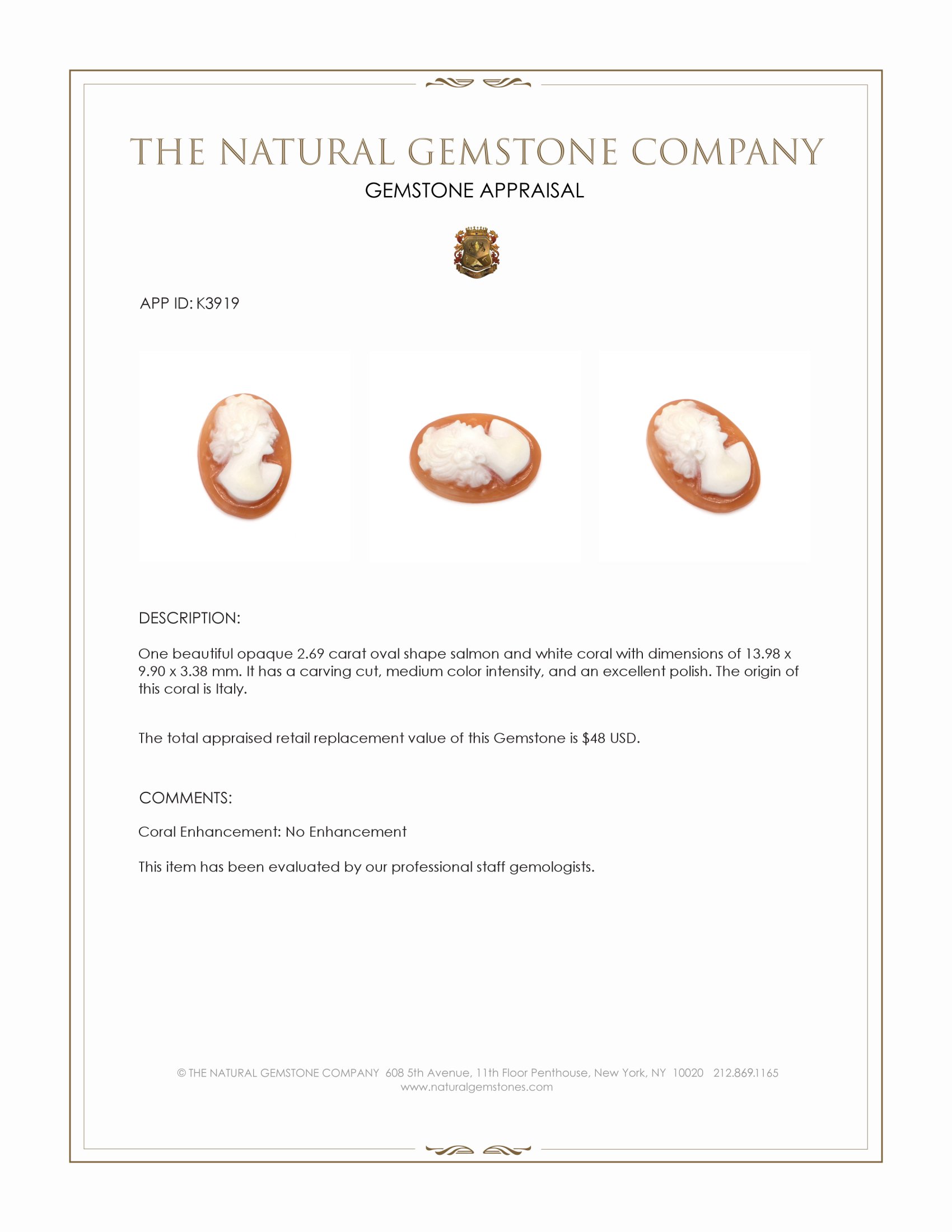 2.69 Ct. Coral from Italy