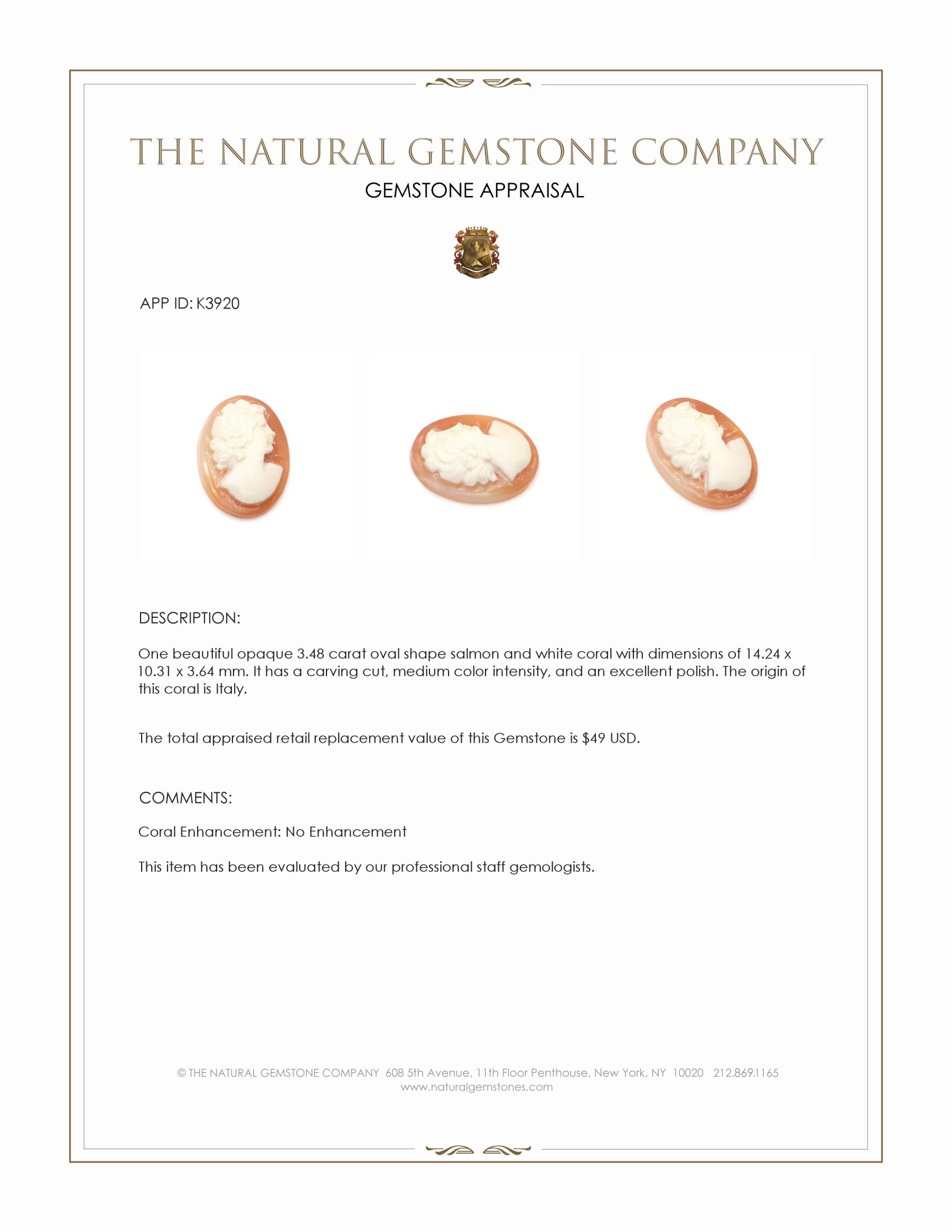 3.48 Ct. Coral from Italy