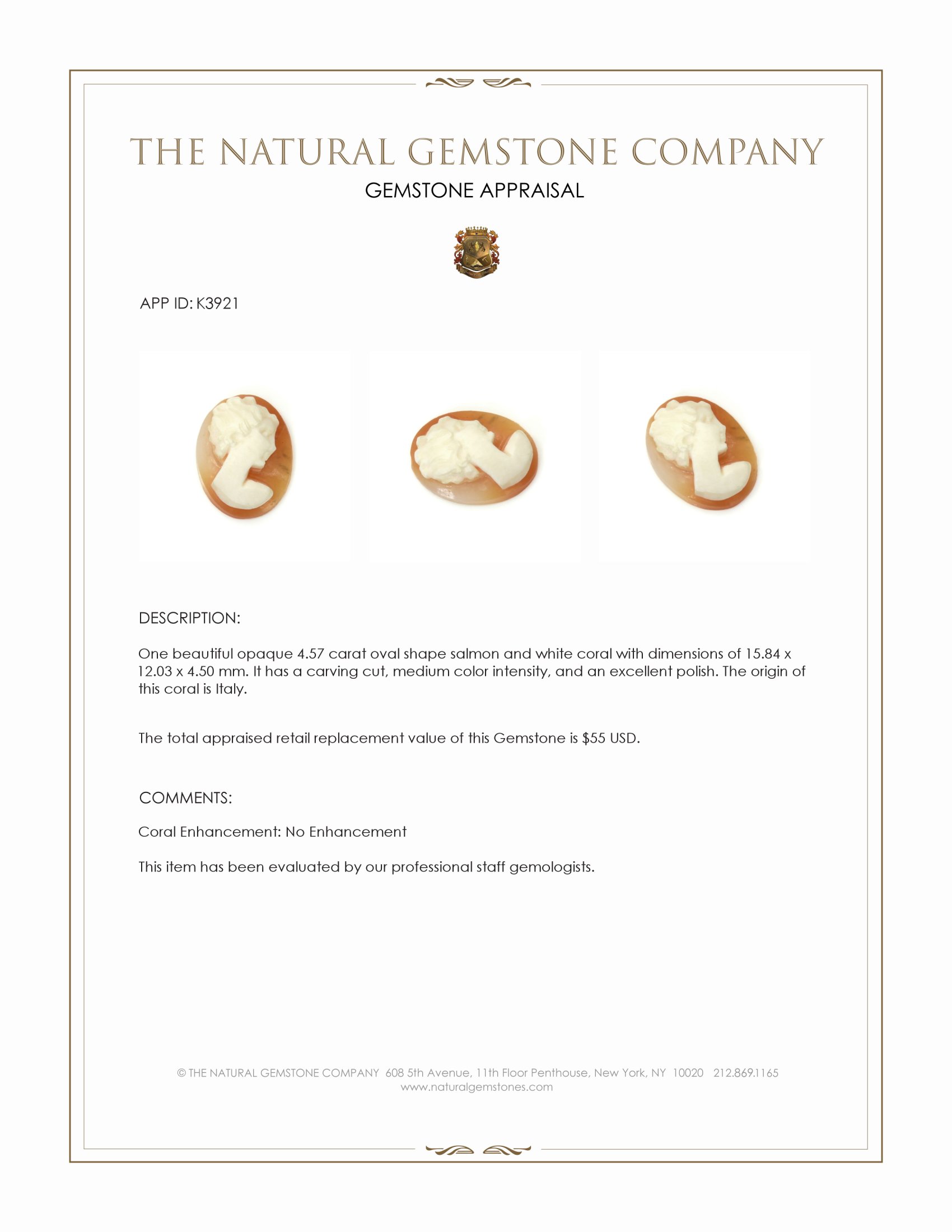 4.57 Ct. Coral from Italy