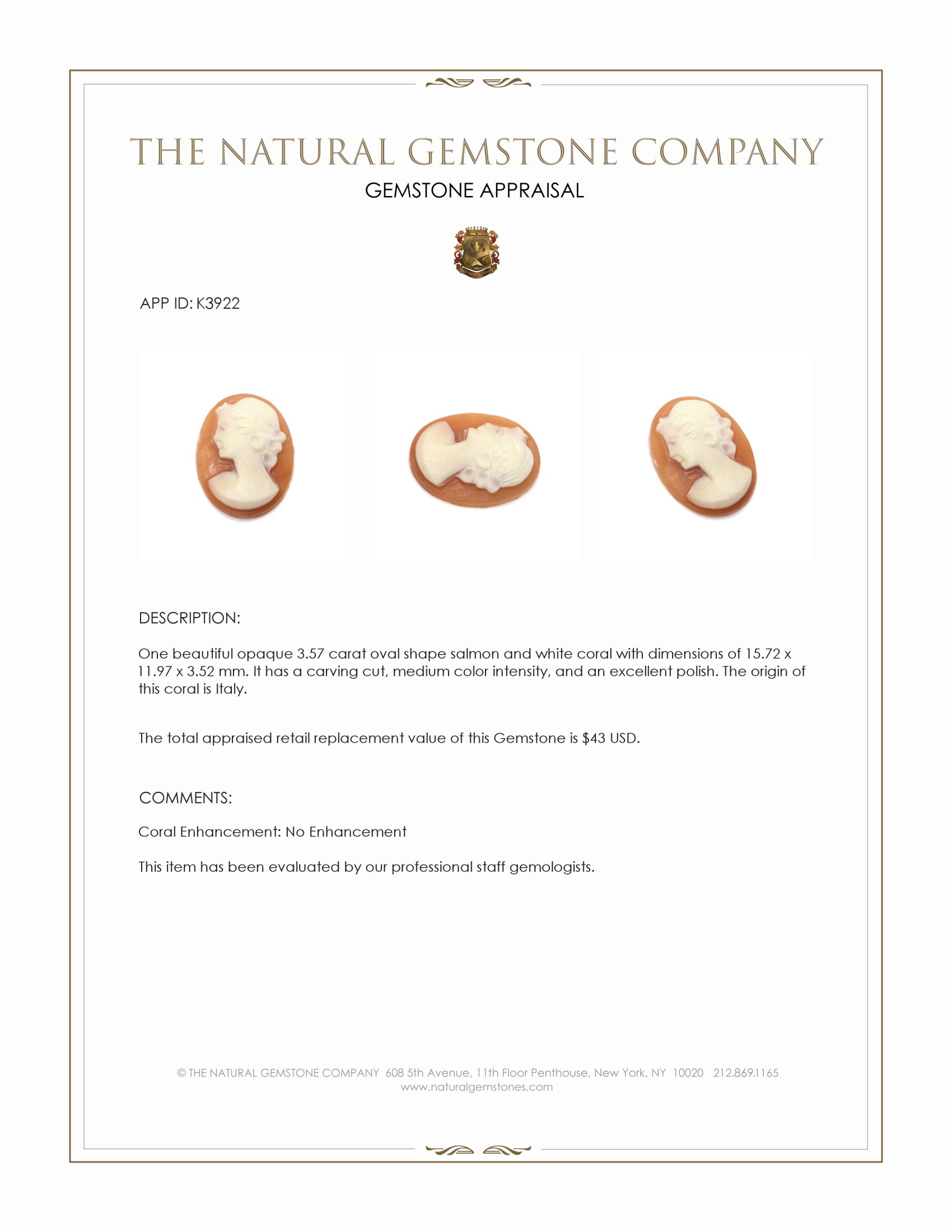 3.57 Ct. Coral from Italy