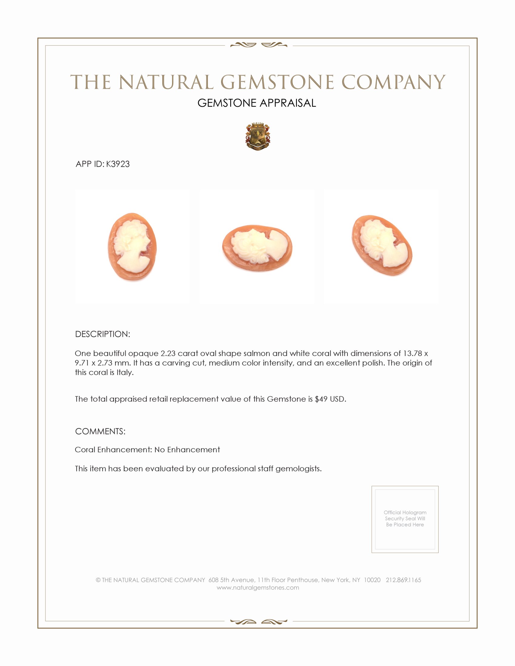2.23 Ct. Coral from Italy