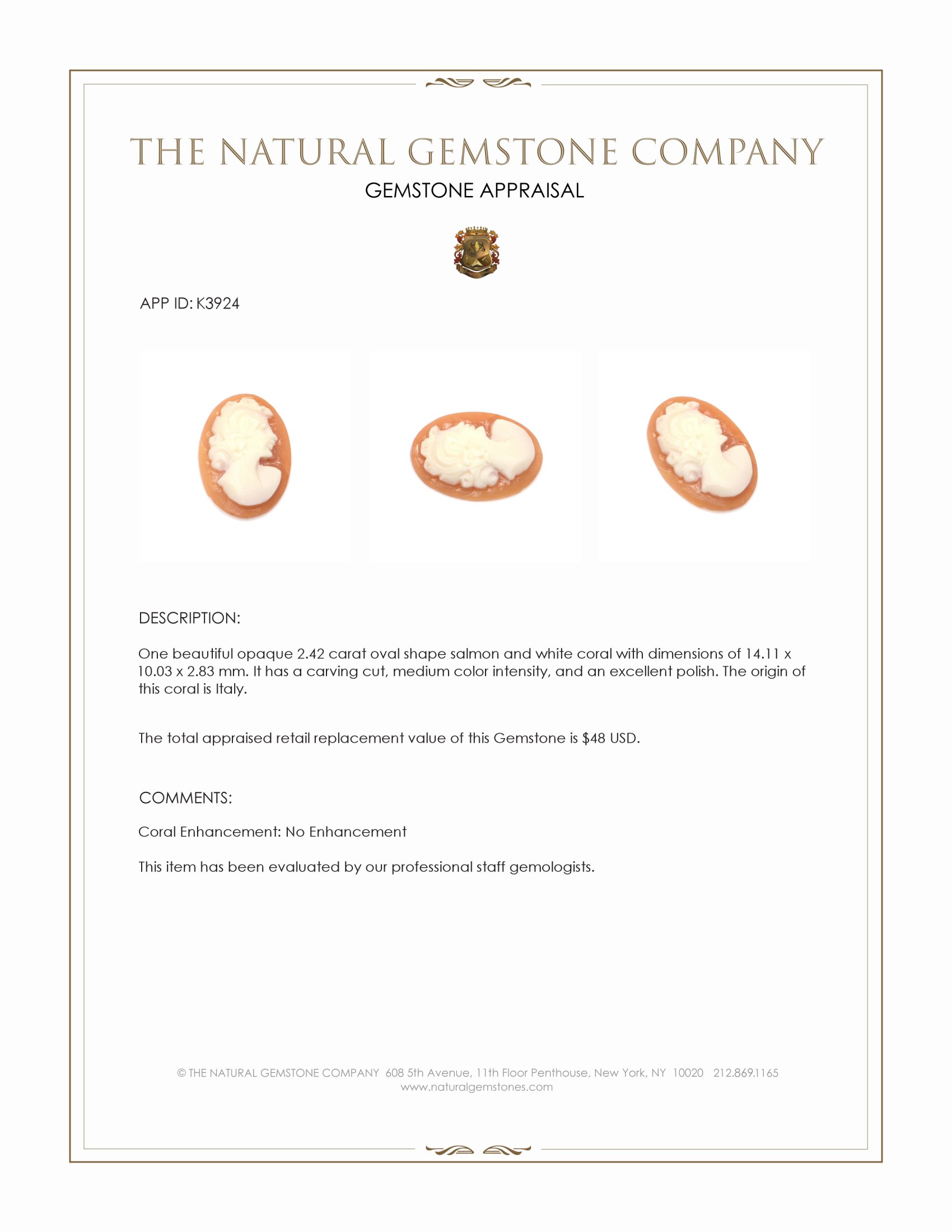 2.42 Ct. Coral from Italy