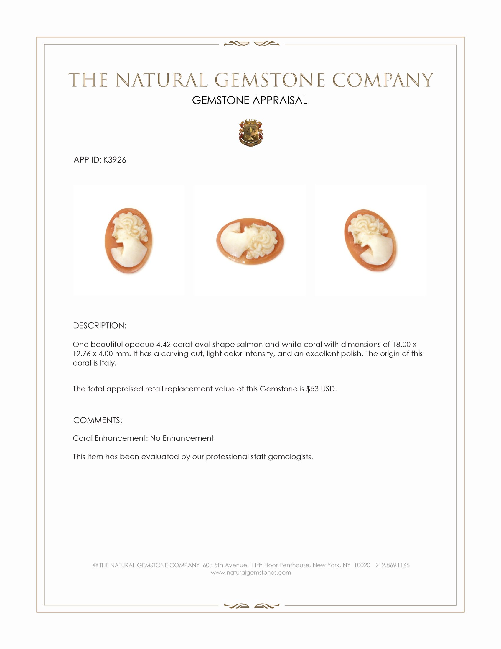 4.42 Ct. Coral from Italy