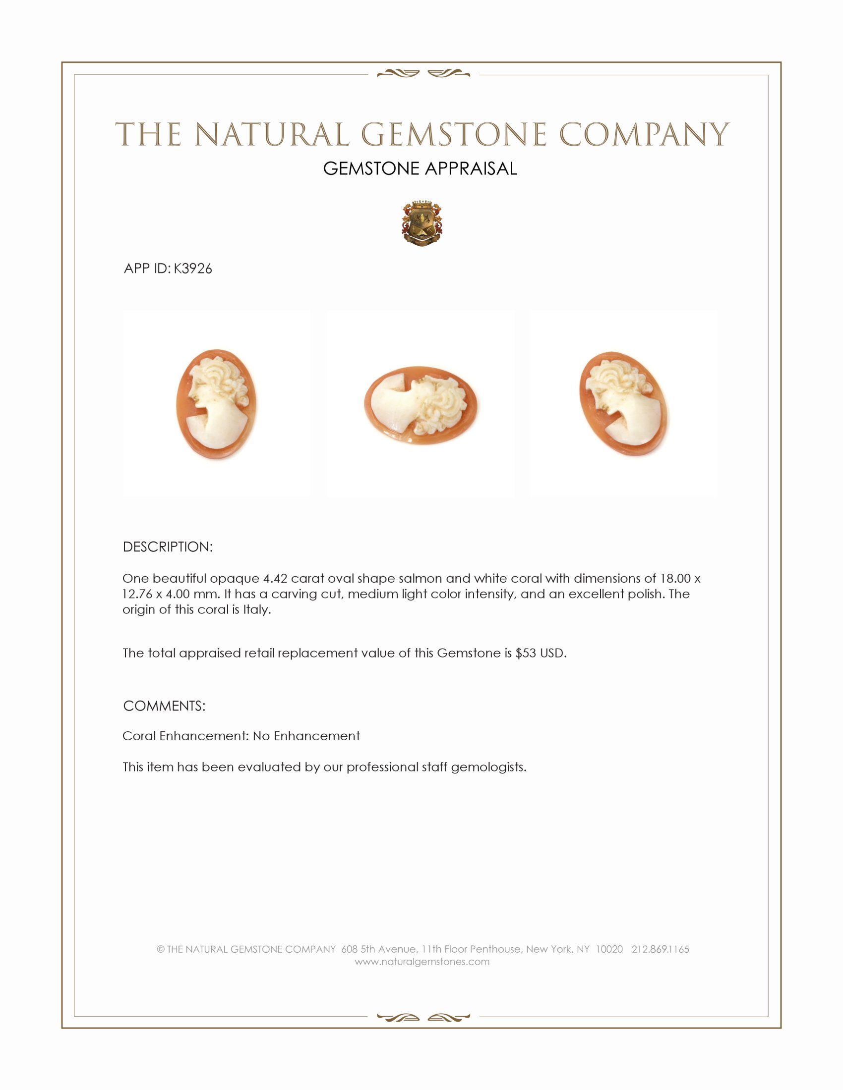 4.42 Ct. Coral from Italy