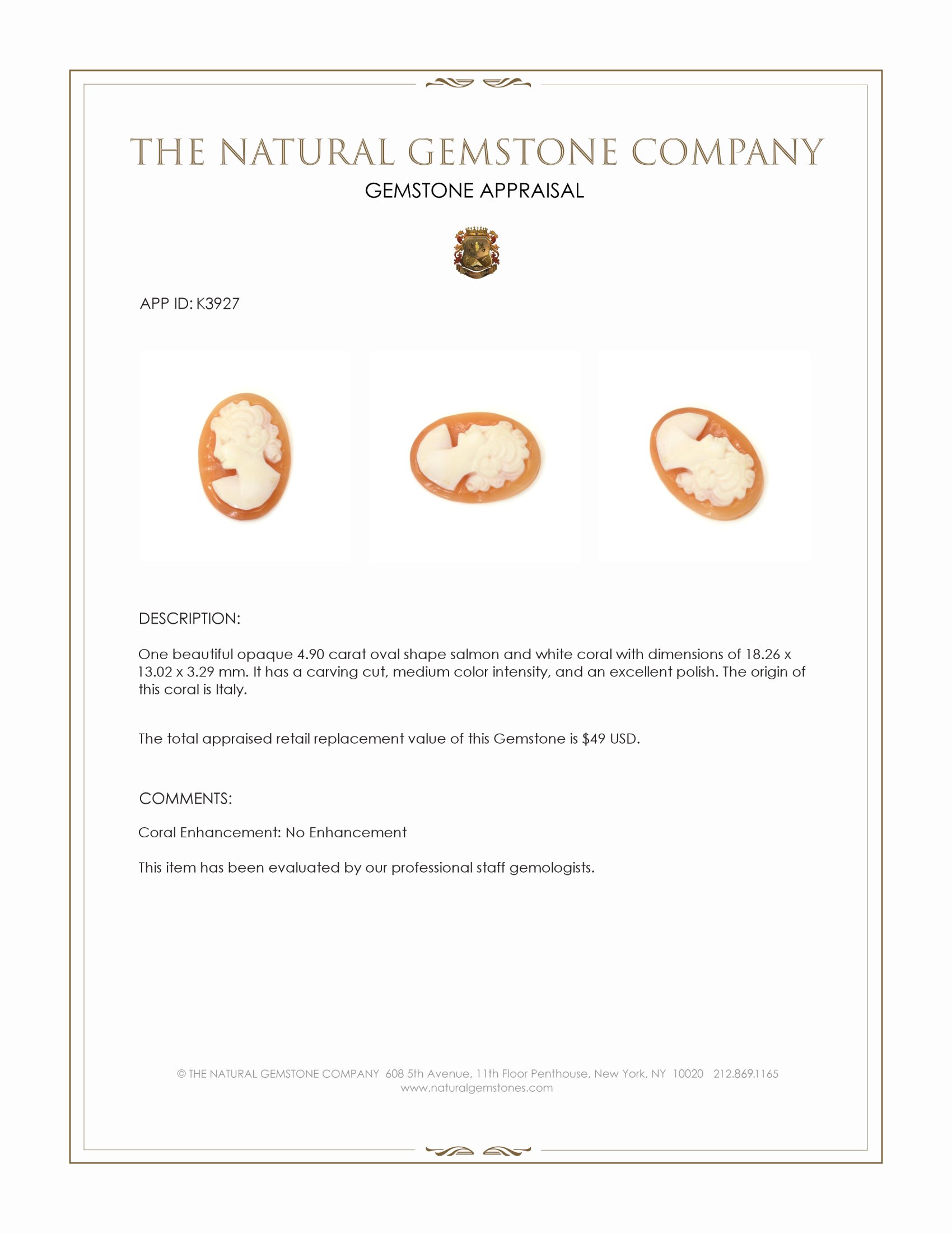 4.90 Ct. Coral from Italy