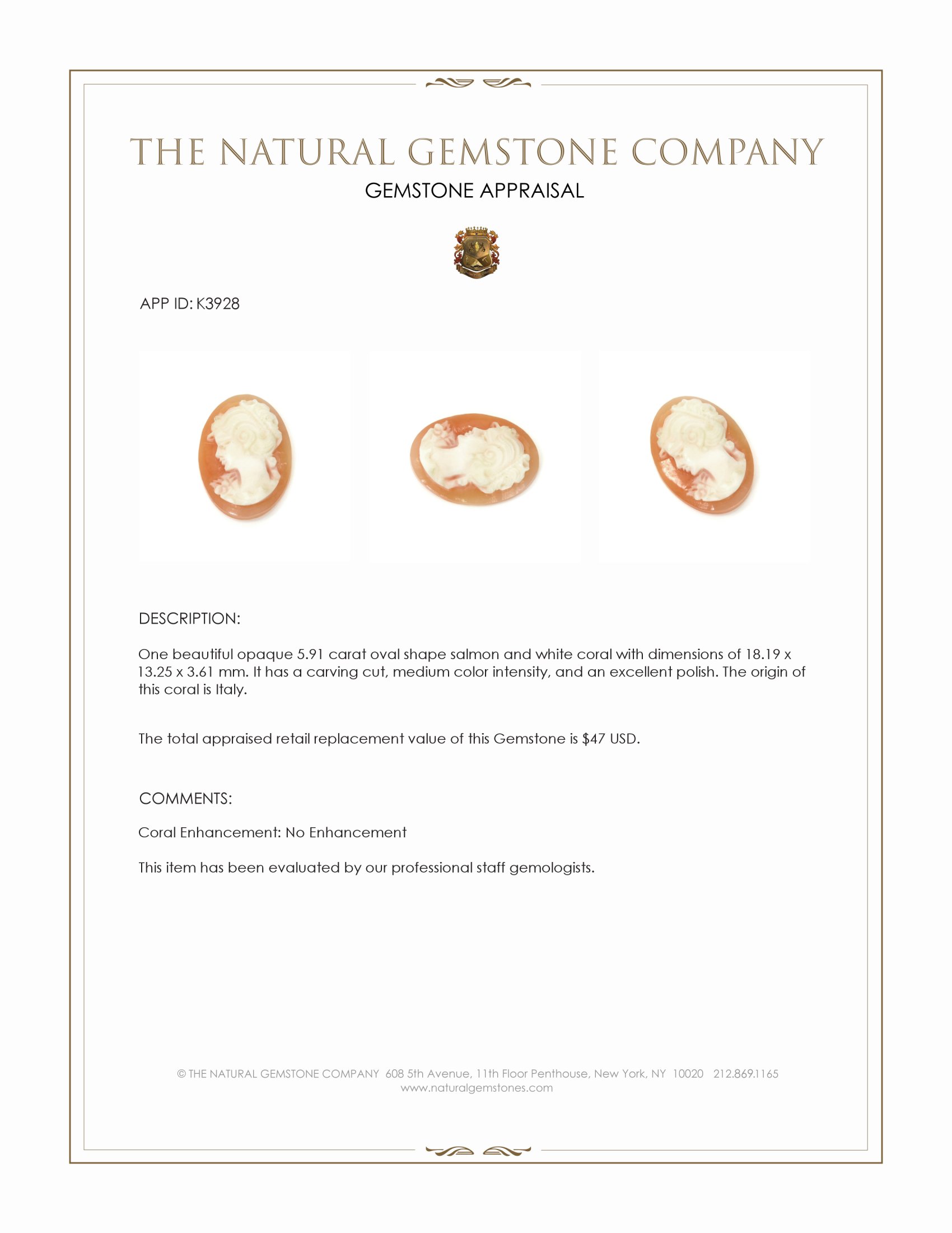 5.91 Ct. Coral from Italy