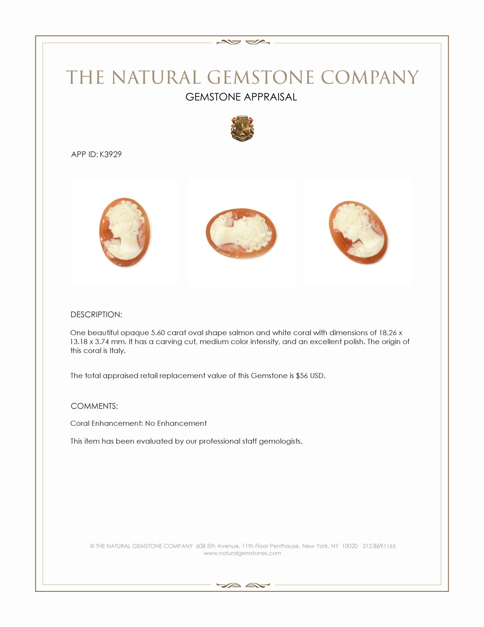 5.60 Ct. Coral from Italy