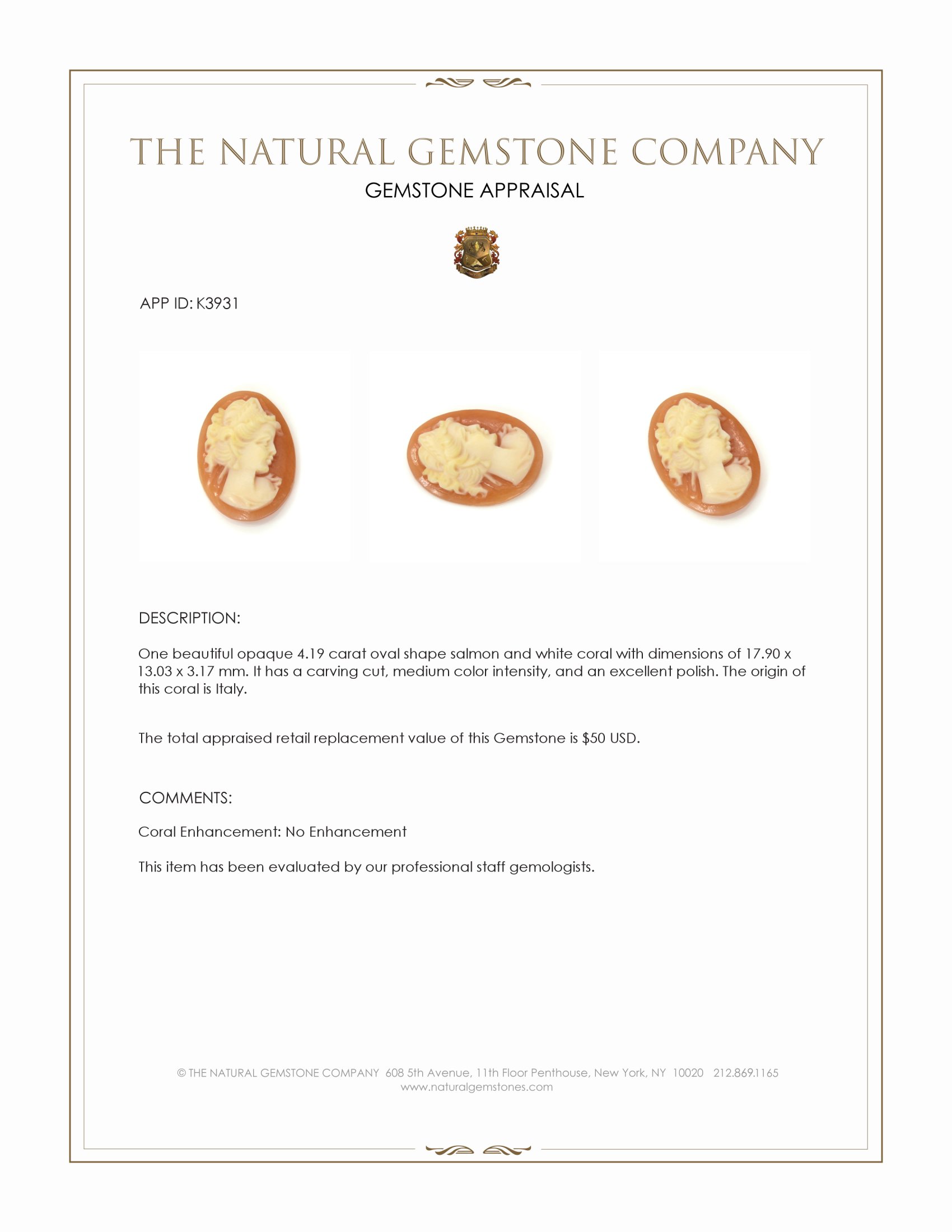 4.19 Ct. Coral from Italy