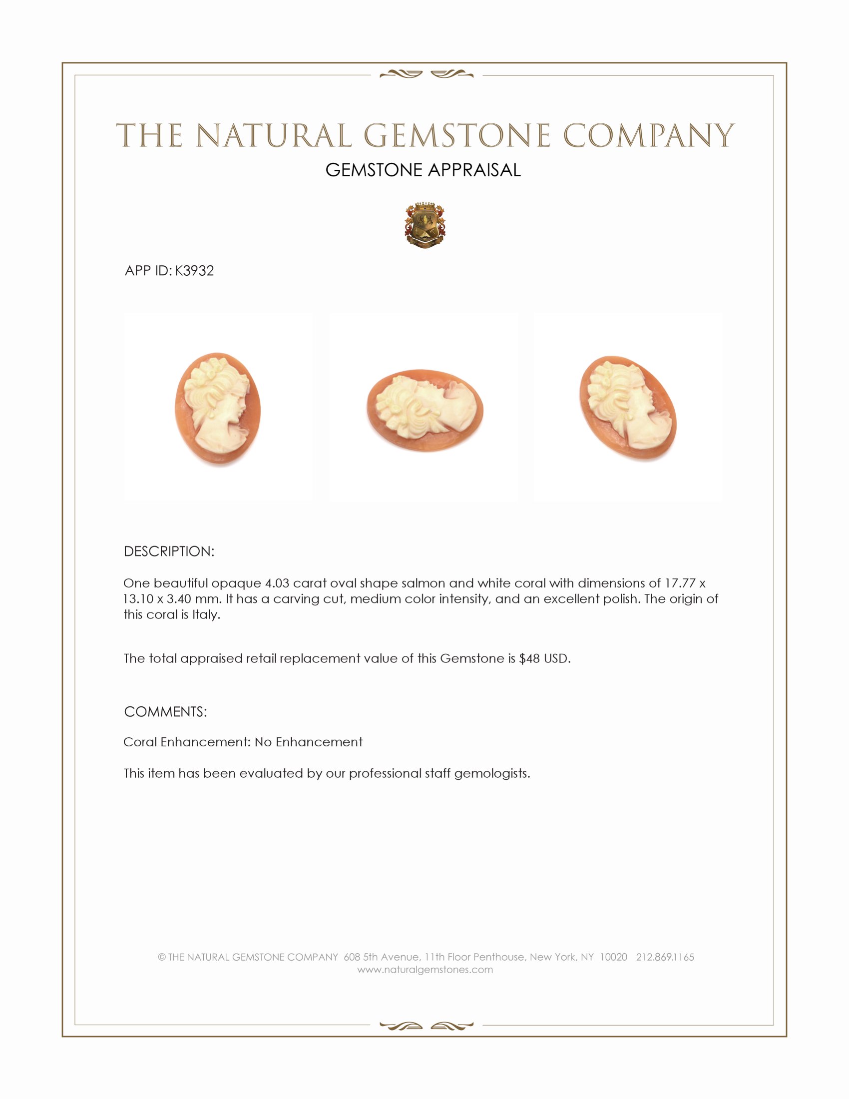 4.03 Ct. Coral from Italy