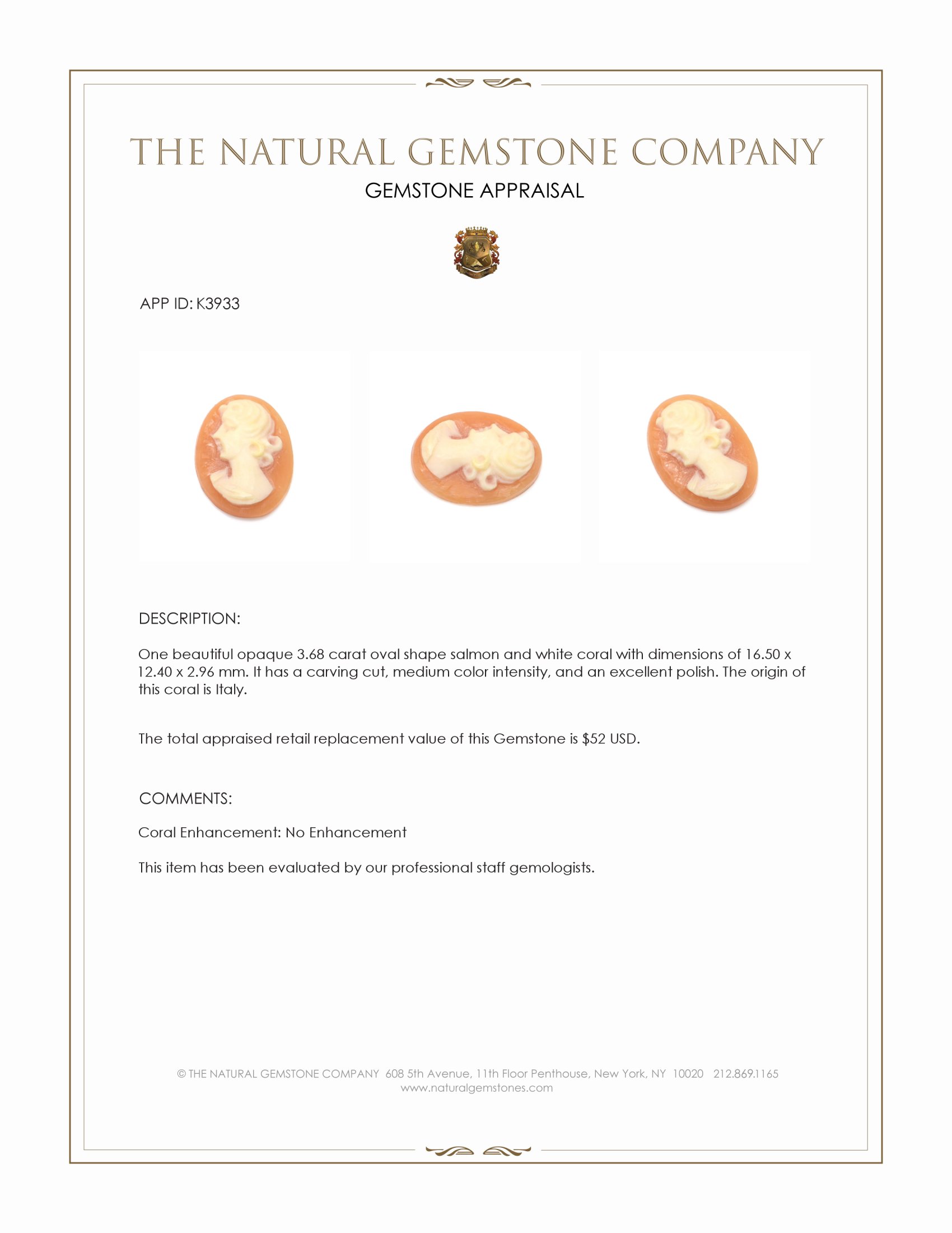 3.68 Ct. Coral from Italy