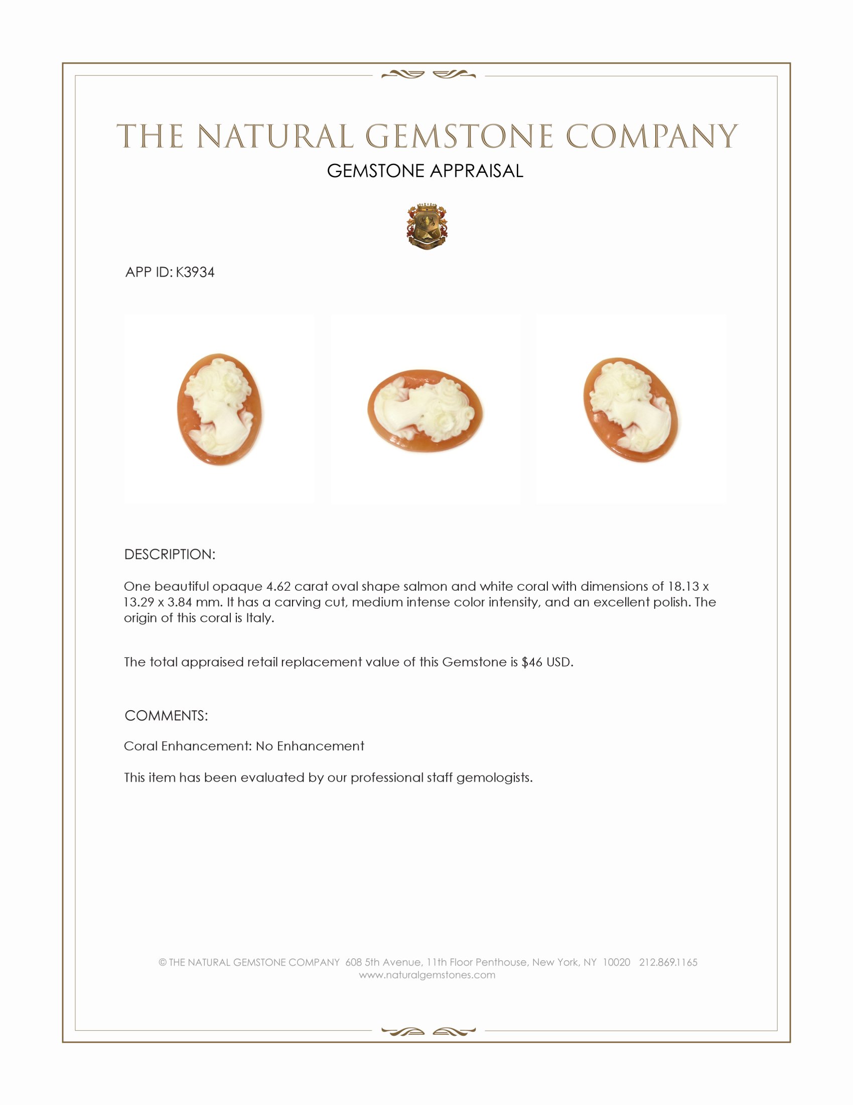 4.62 Ct. Coral from Italy