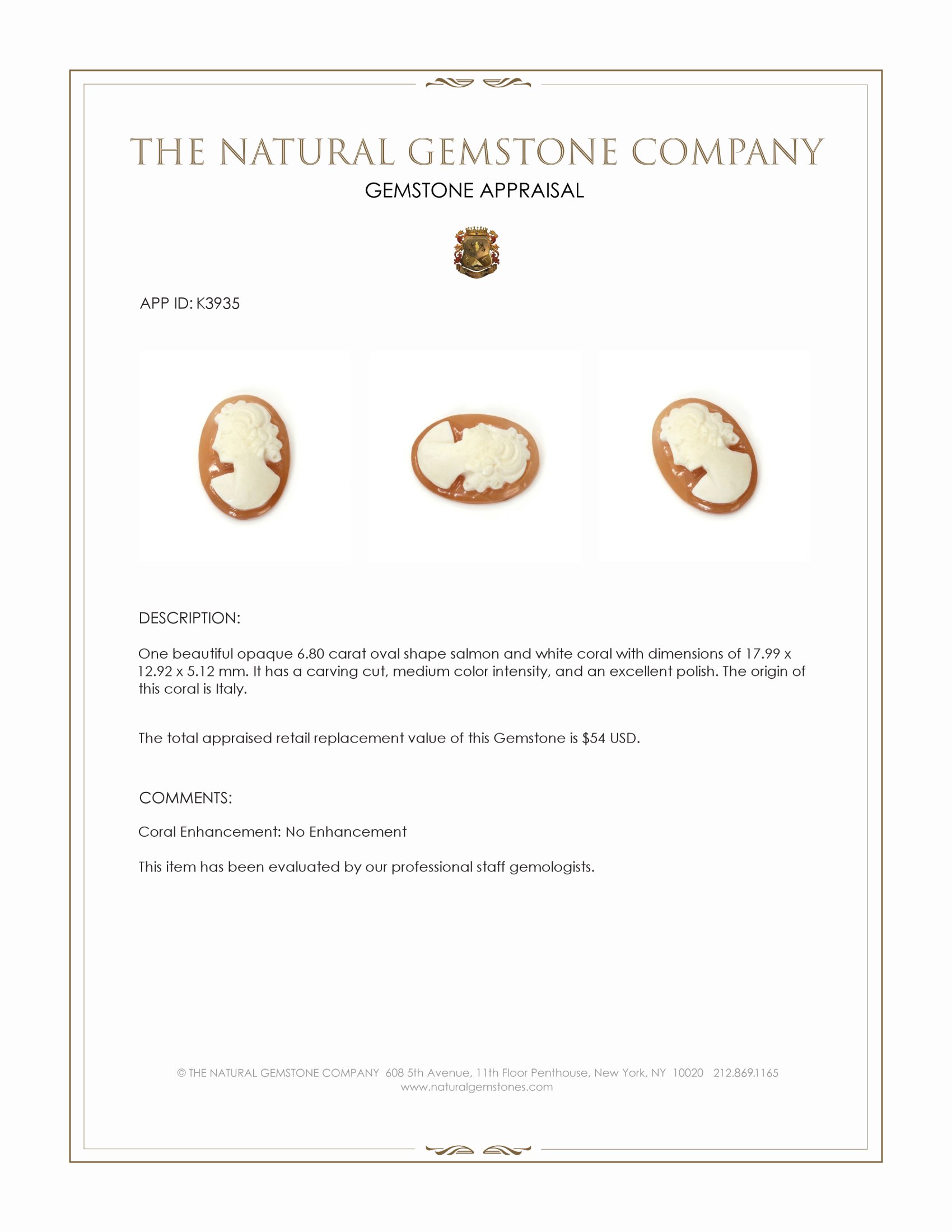 6.80 Ct. Coral from Italy