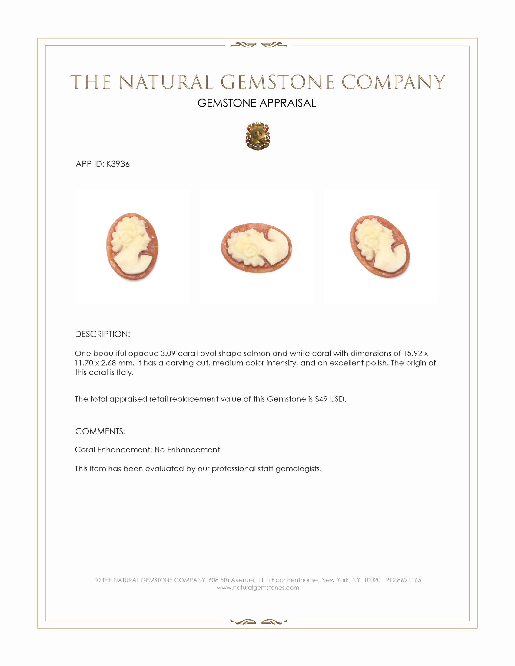 3.09 Ct. Coral from Italy