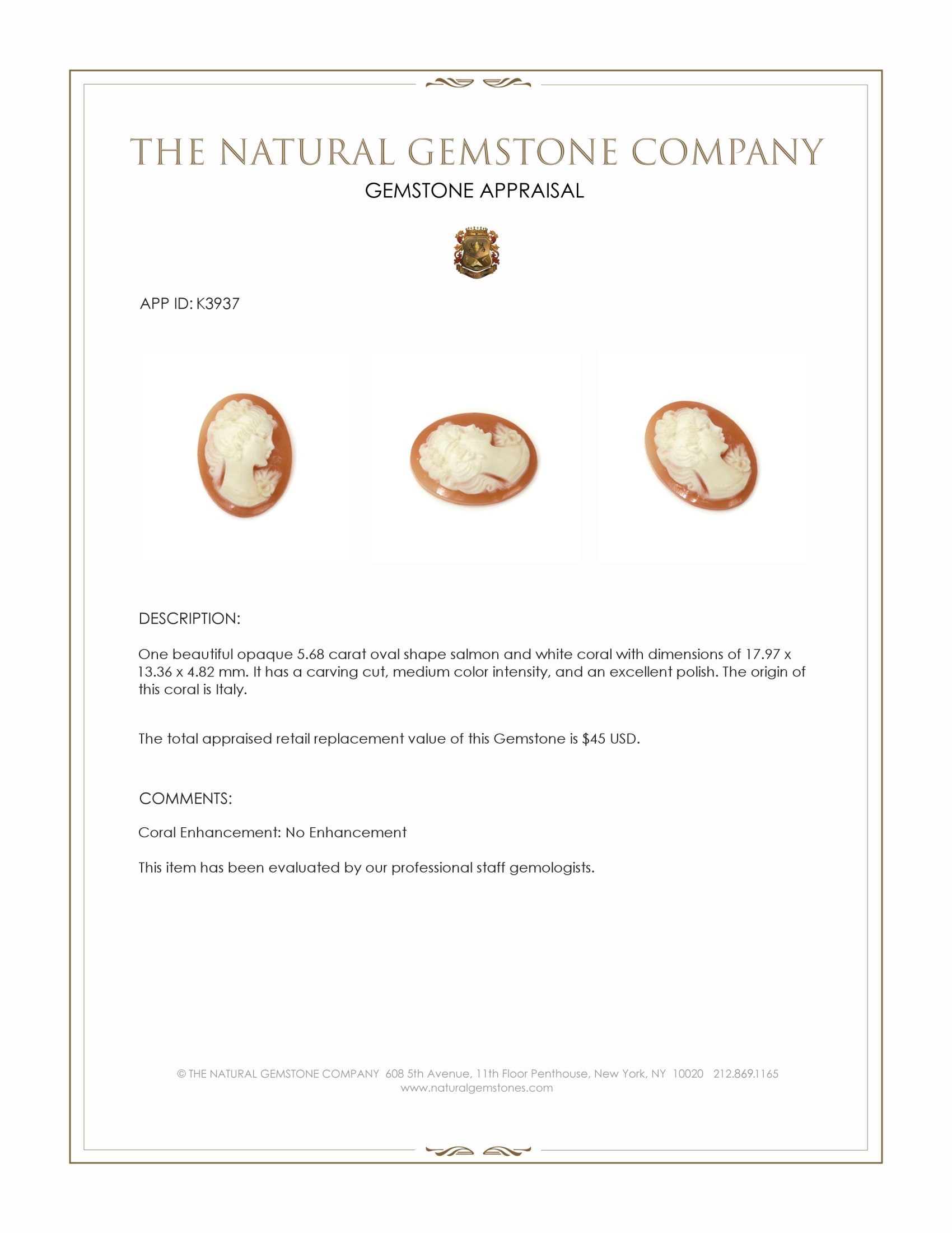 5.68 Ct. Coral from Italy