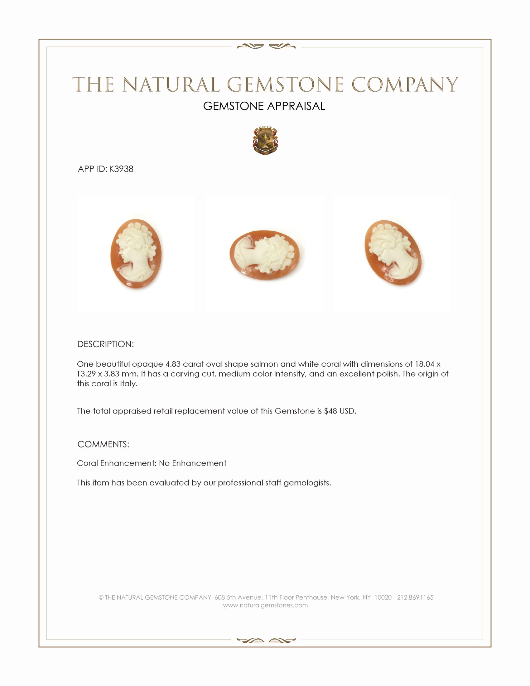 4.83 Ct. Coral from Italy