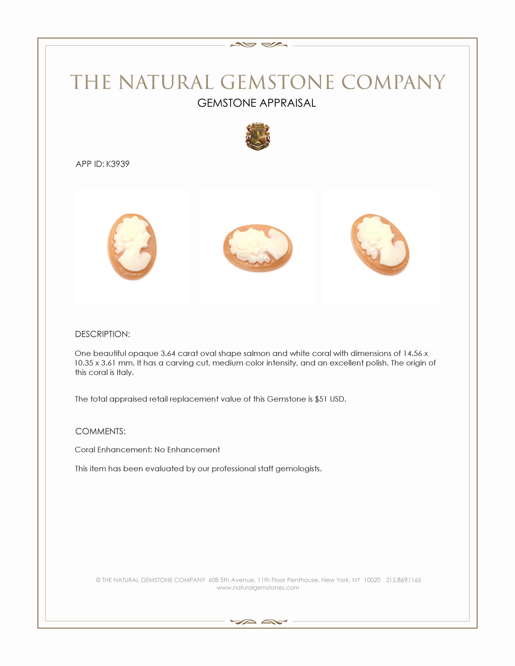 3.64 Ct. Coral from Italy