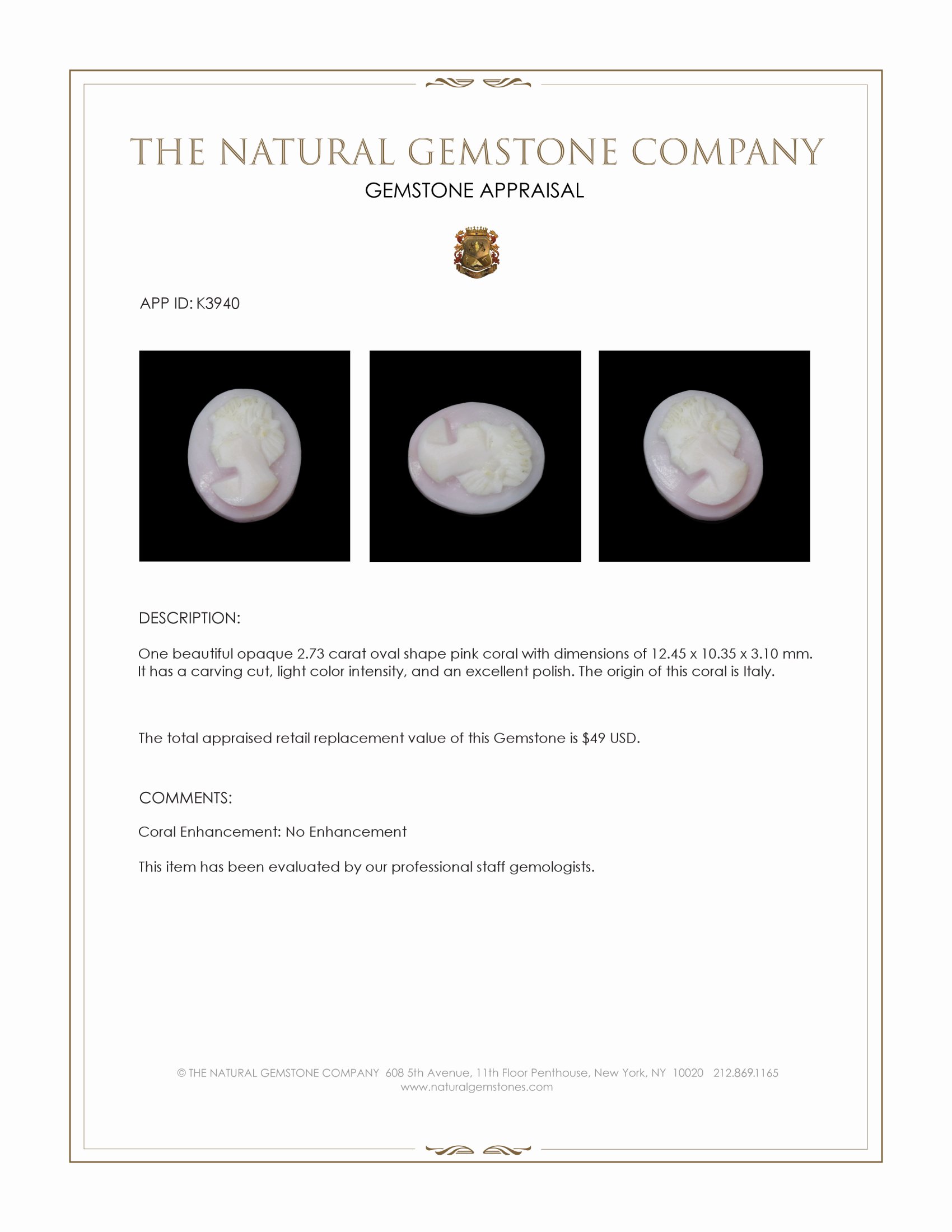 2.73 Ct. Coral from Italy