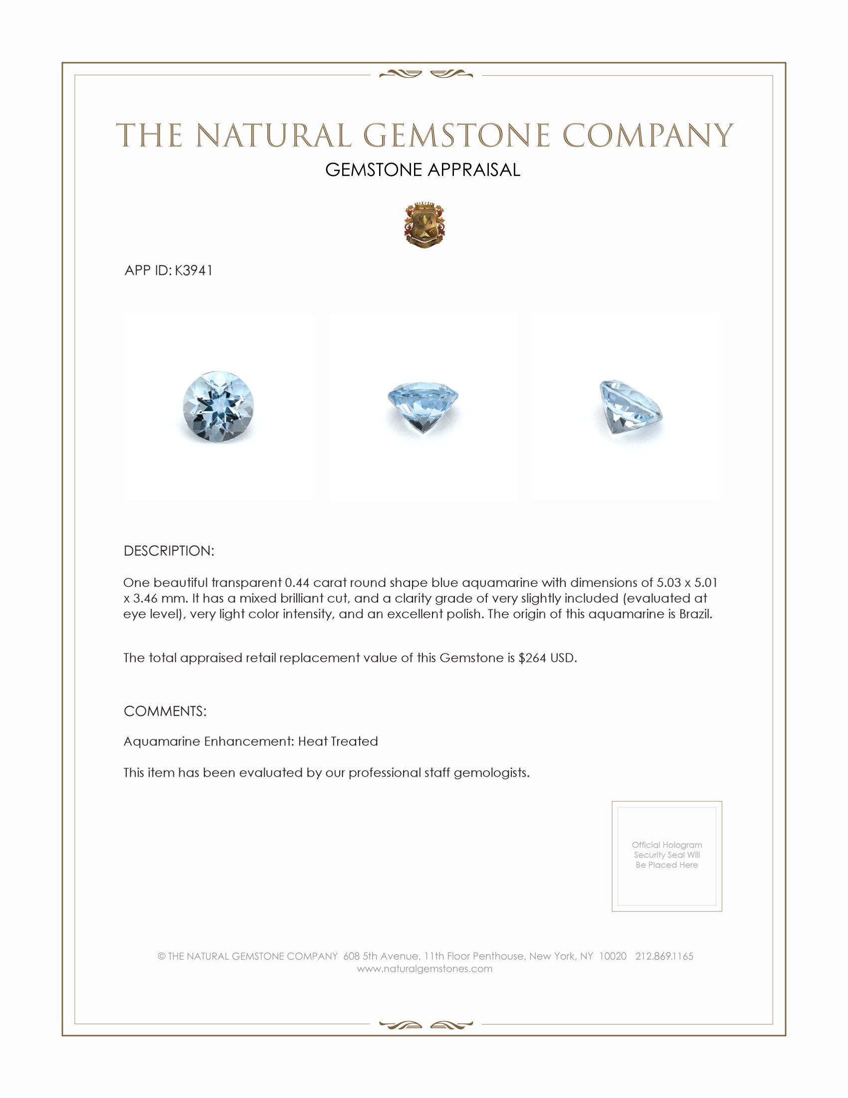 0.44 Ct. Blue Aquamarine from Brazil