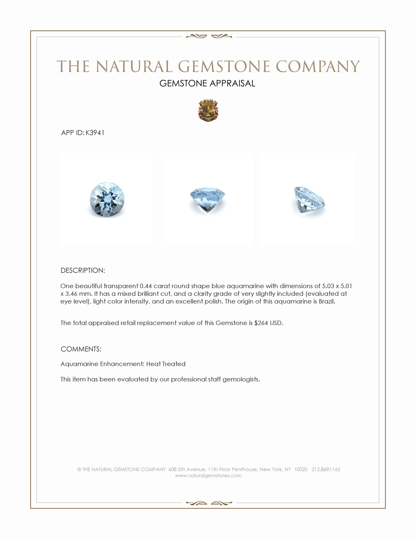 0.44 Ct. Aquamarine from Brazil