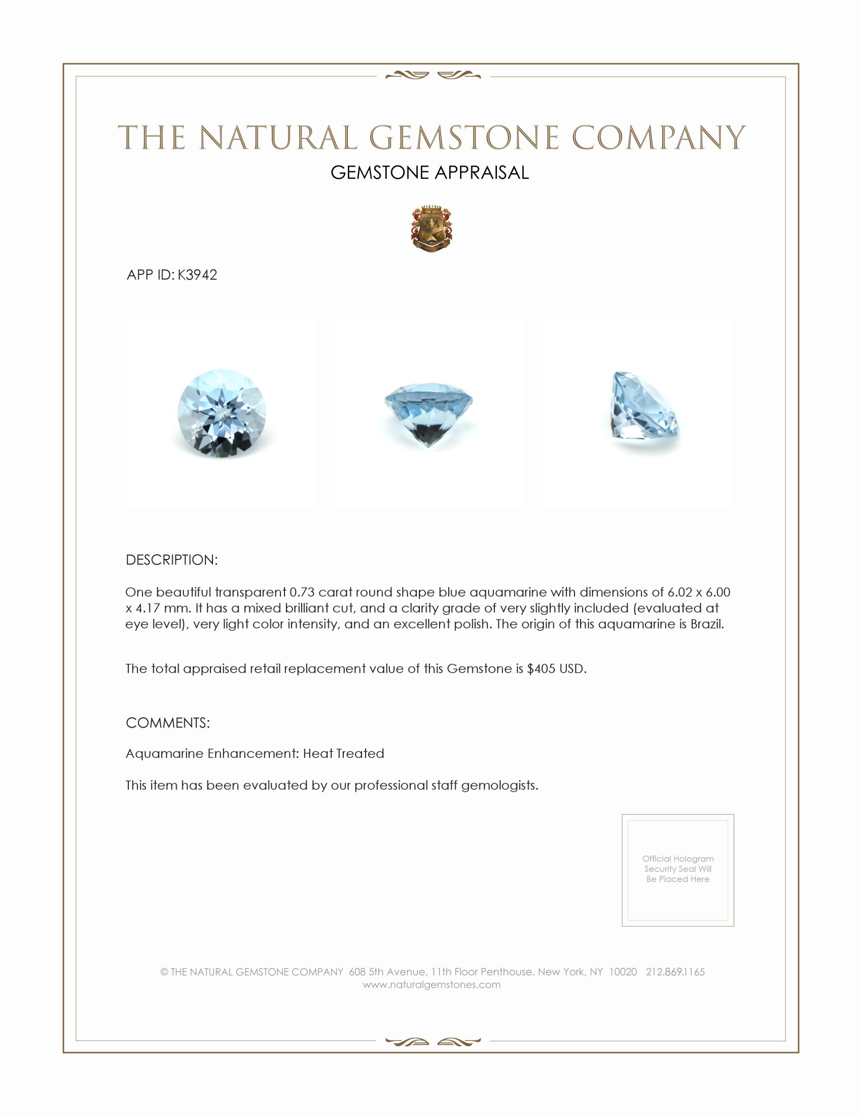 0.73 Ct. Blue Aquamarine from Brazil