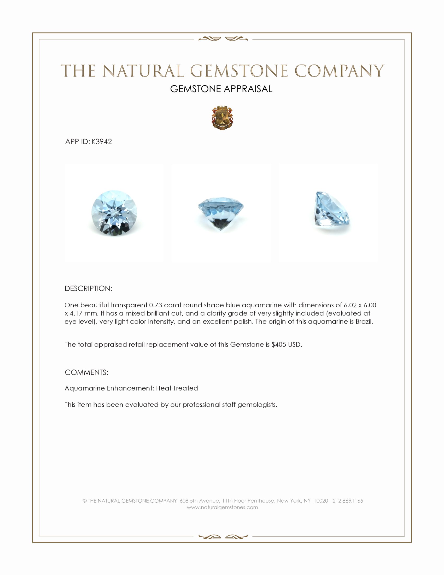 0.73 Ct. Aquamarine from Brazil