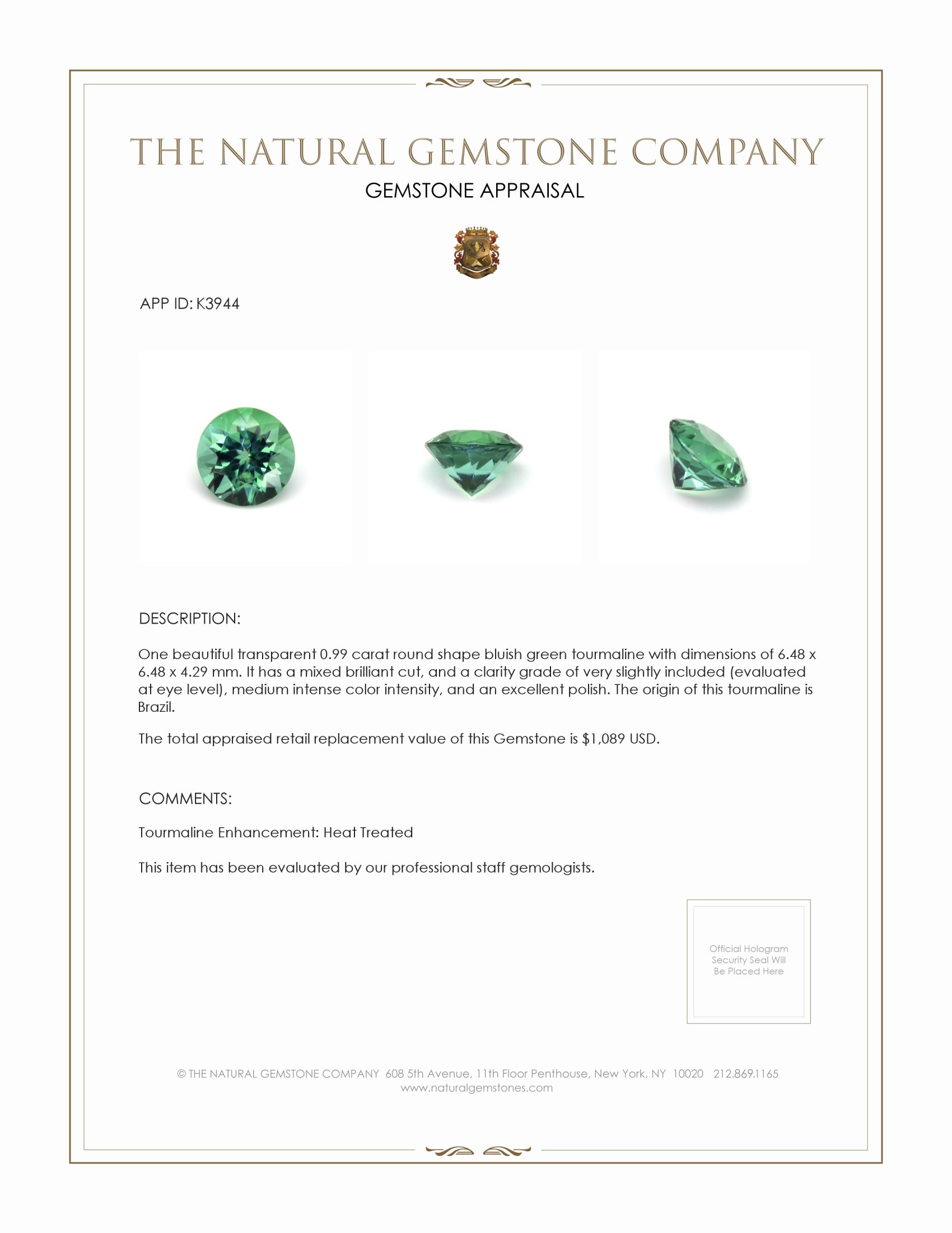 0.99 Ct. Bluish Green Tourmaline from Brazil