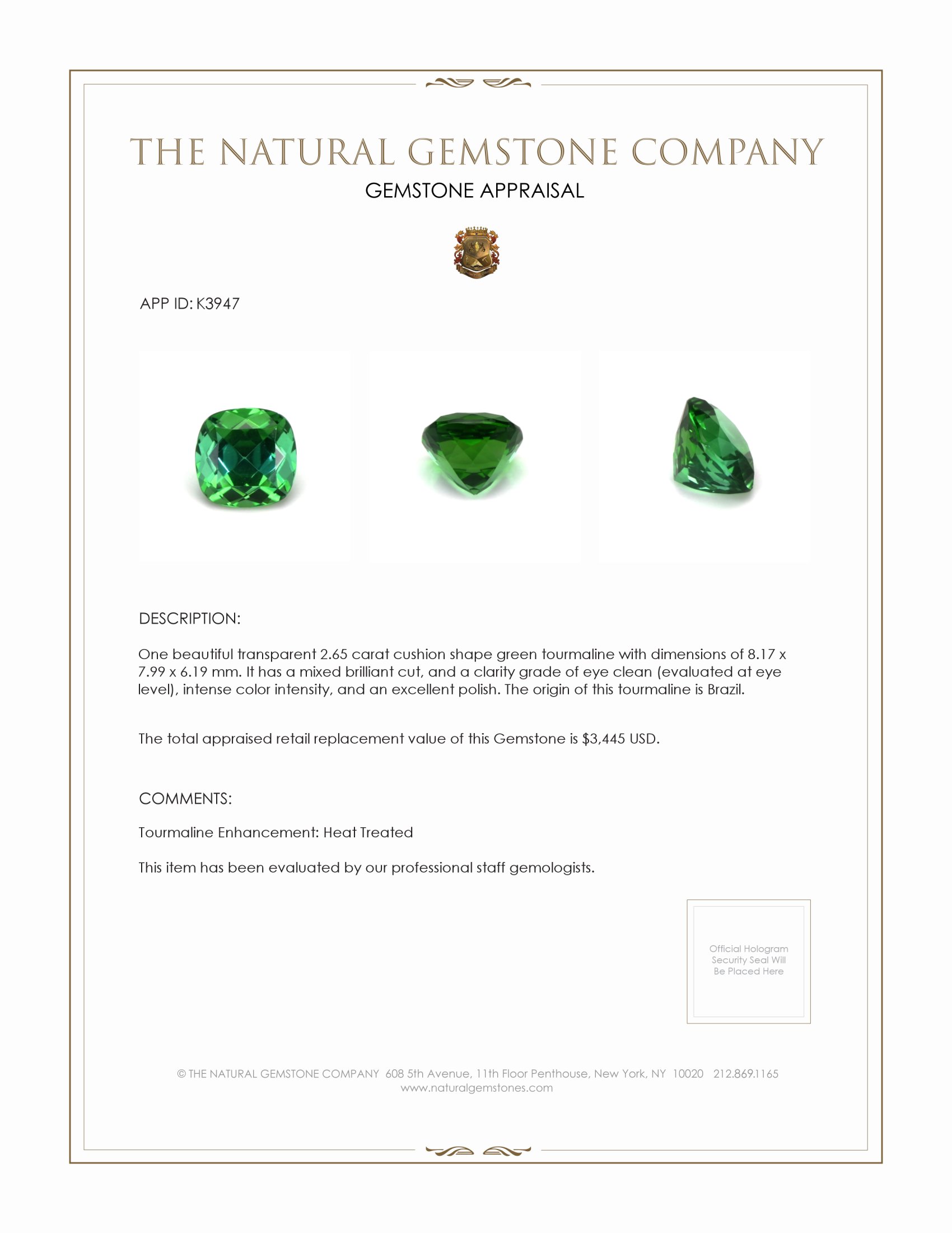 2.65 Ct. Tourmaline from Brazil