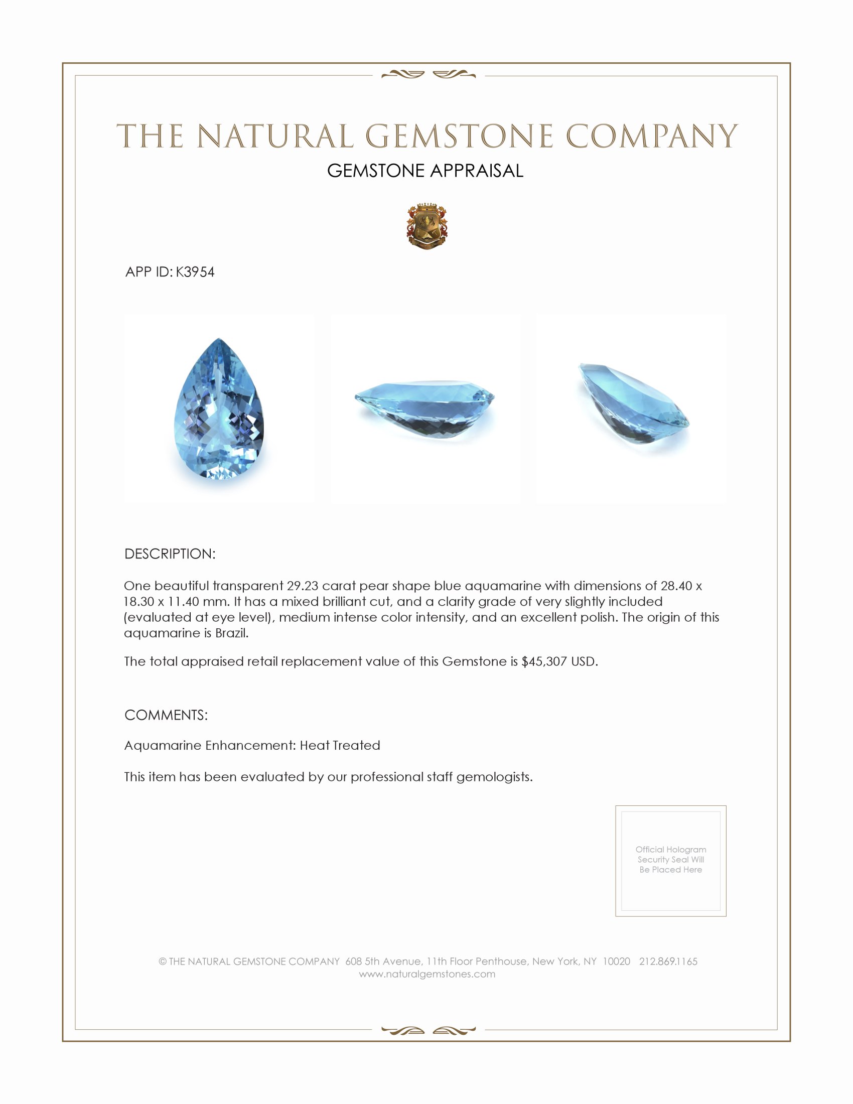 29.23 Ct. Aquamarine from Brazil