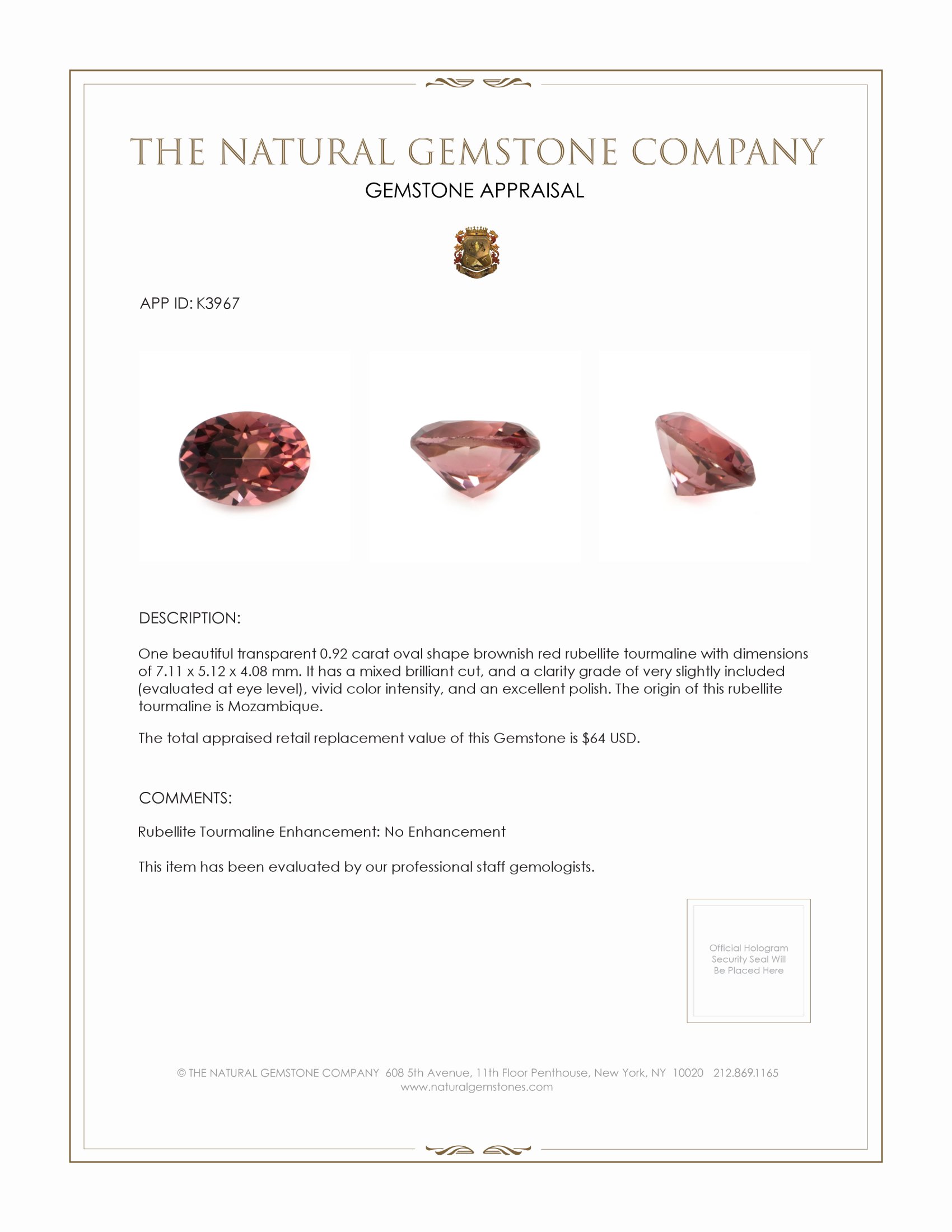 0.92 Ct. Rubellite Tourmaline from Mozambique