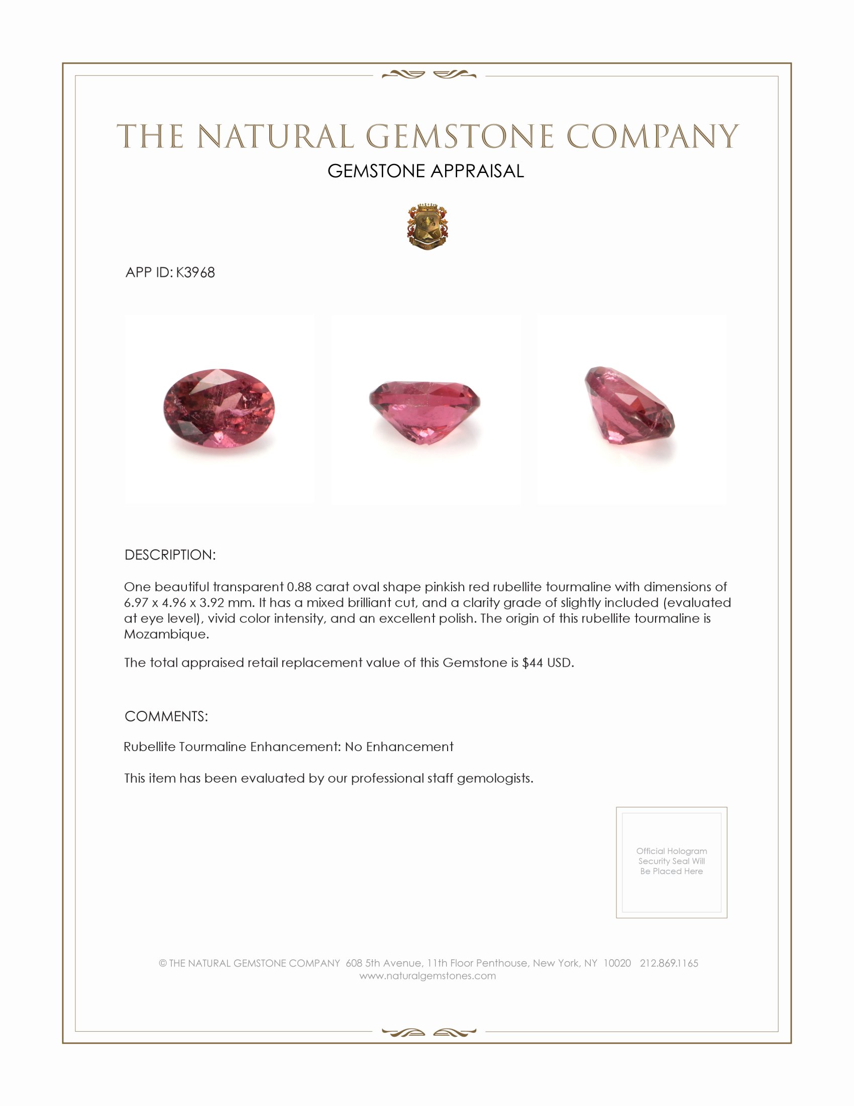 0.88 Ct. Rubellite Tourmaline from Mozambique