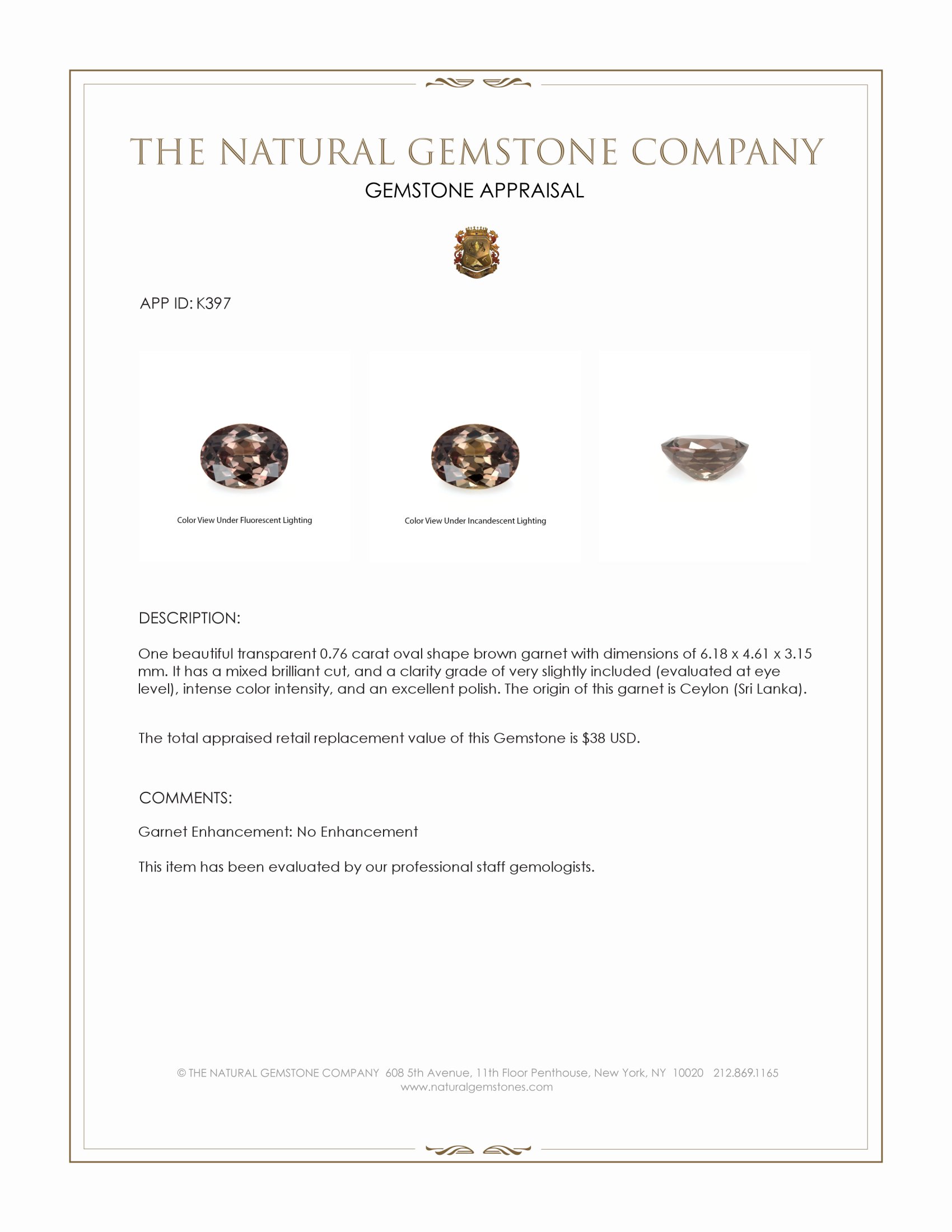 0.76 Ct. Brown Garnet from Ceylon (Sri Lanka)