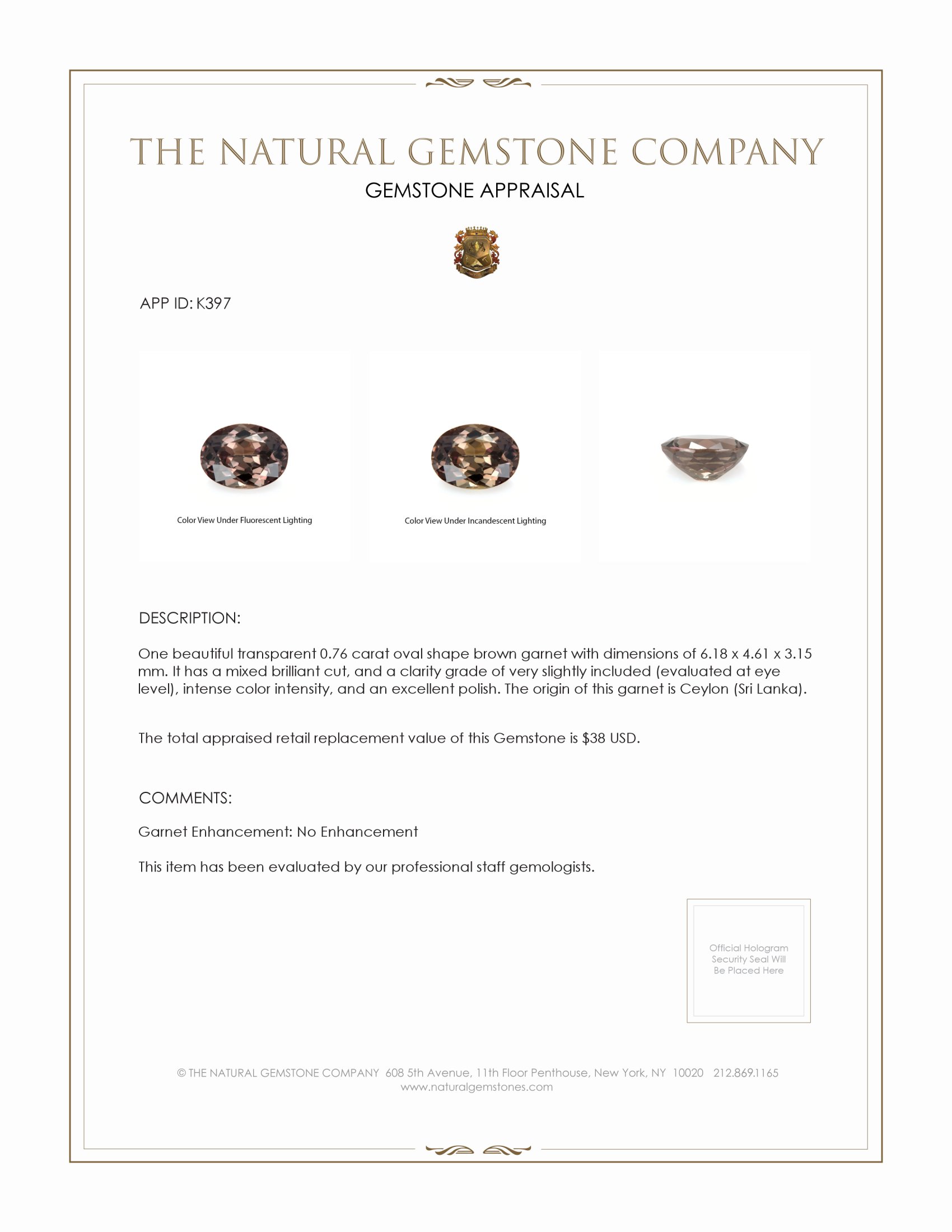 0.76 Ct. Garnet from Ceylon (Sri Lanka)