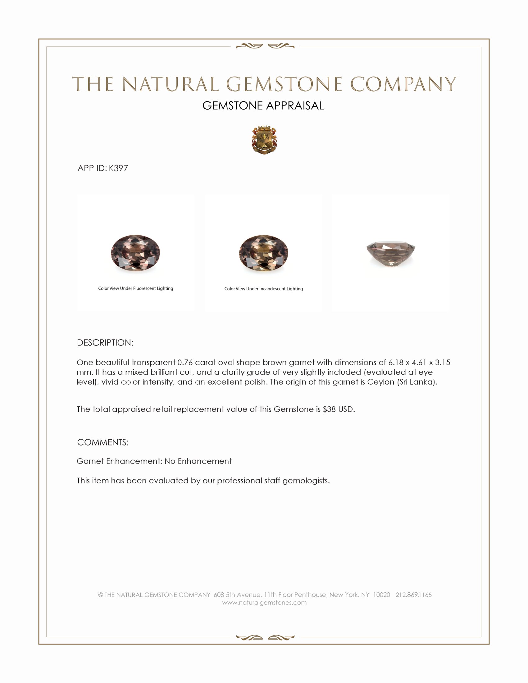 0.76 Ct. Garnet from Ceylon (Sri Lanka)