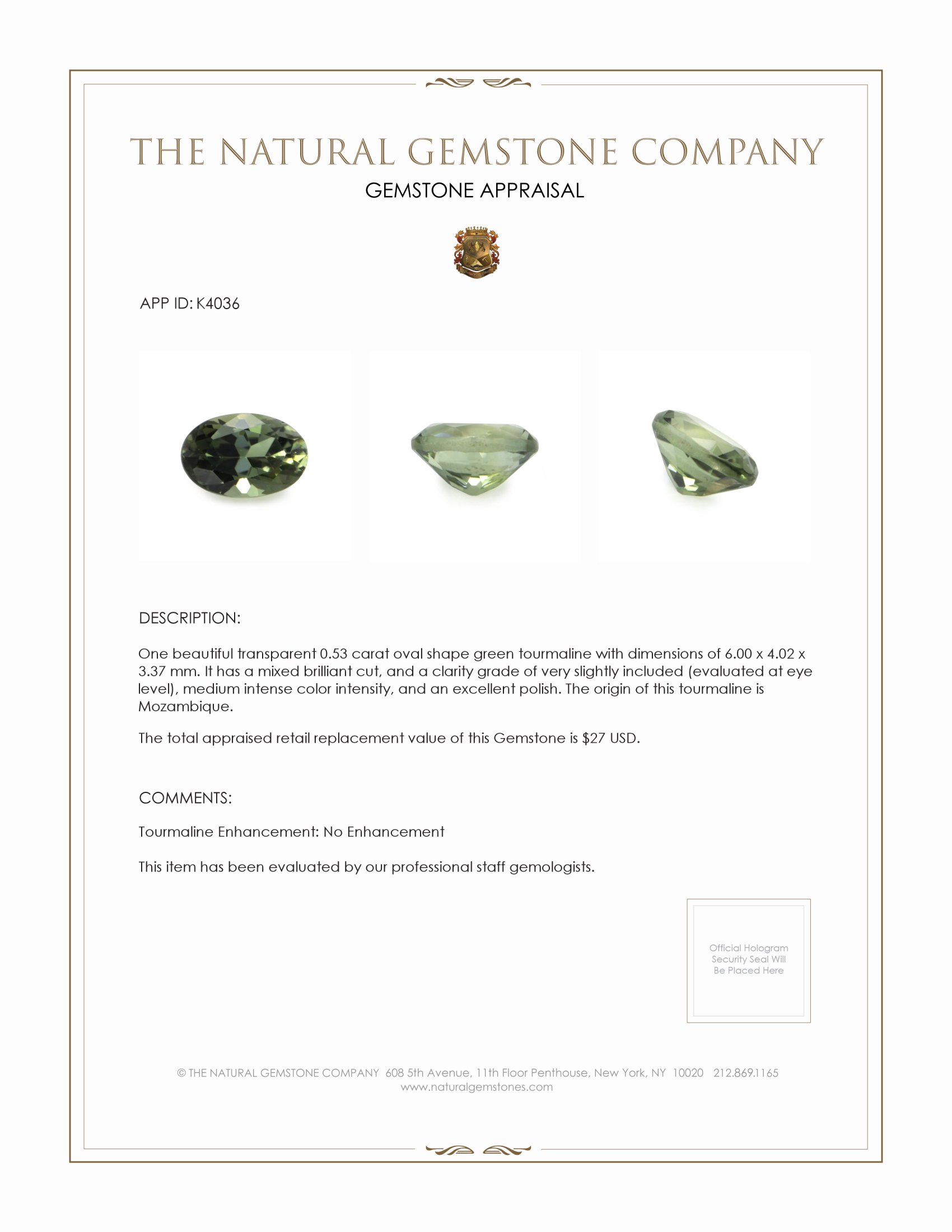 0.53 Ct. Green Tourmaline from Mozambique