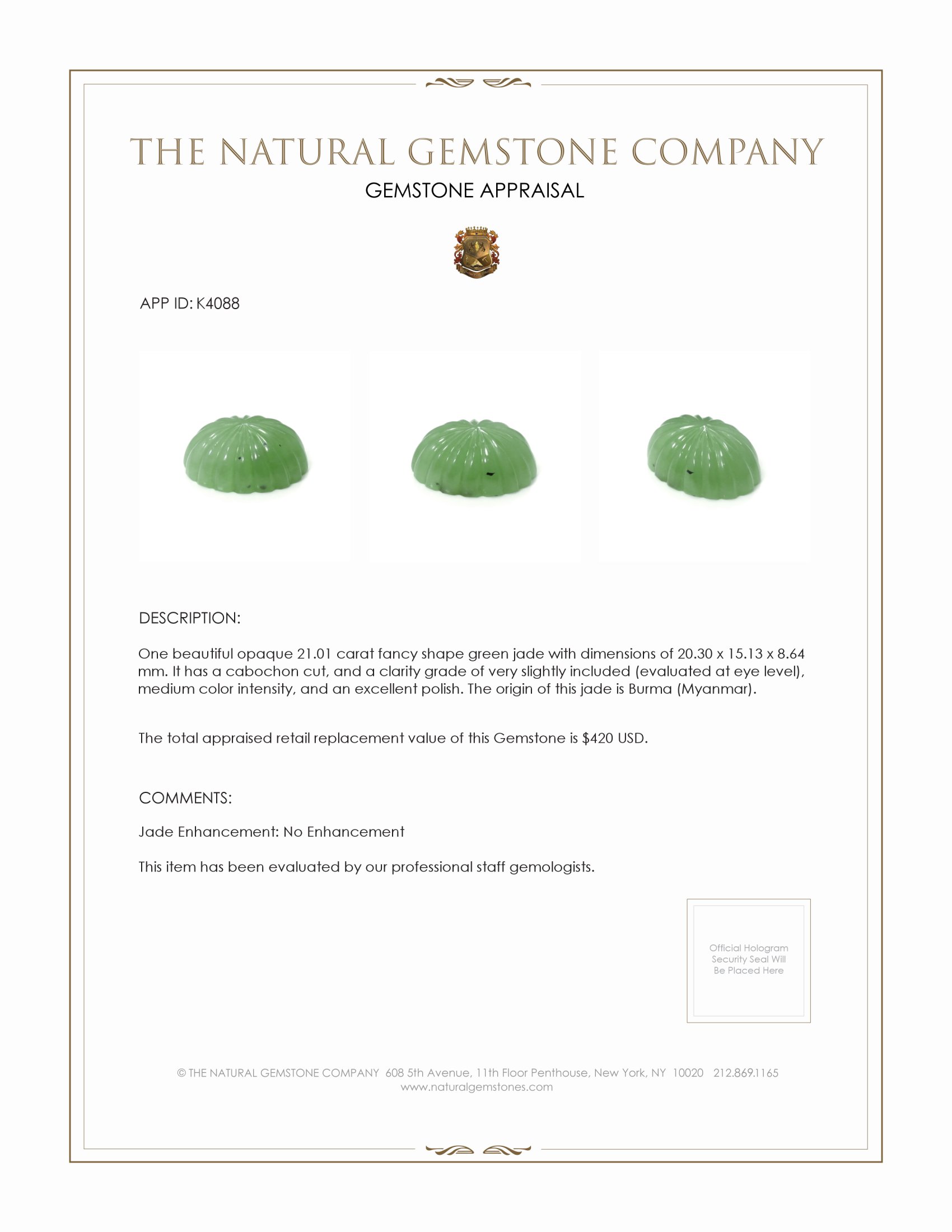 21.01 Ct. Cabochon Jade from Burma (Myanmar)