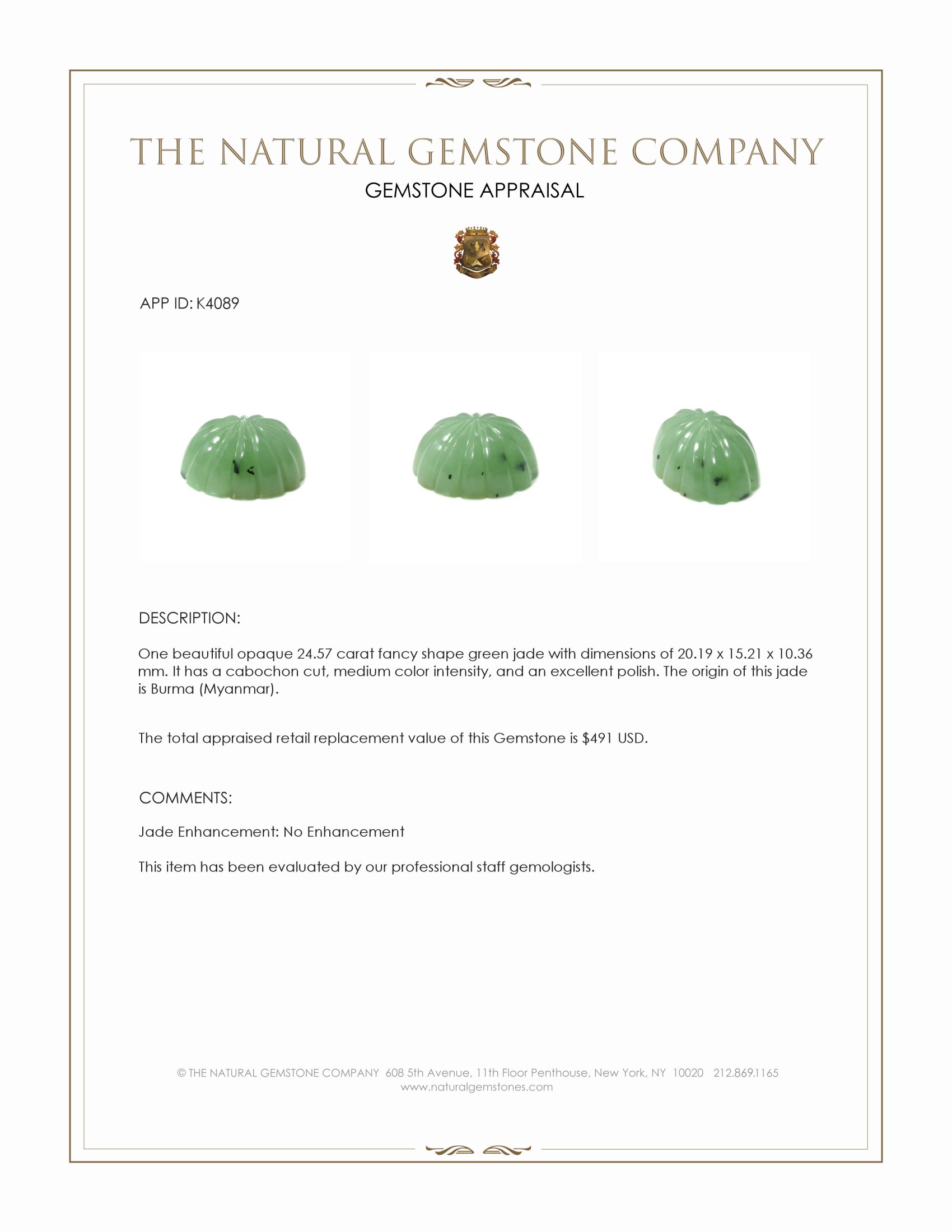 24.57 Ct. Green Cabochon Jade from Burma (Myanmar)