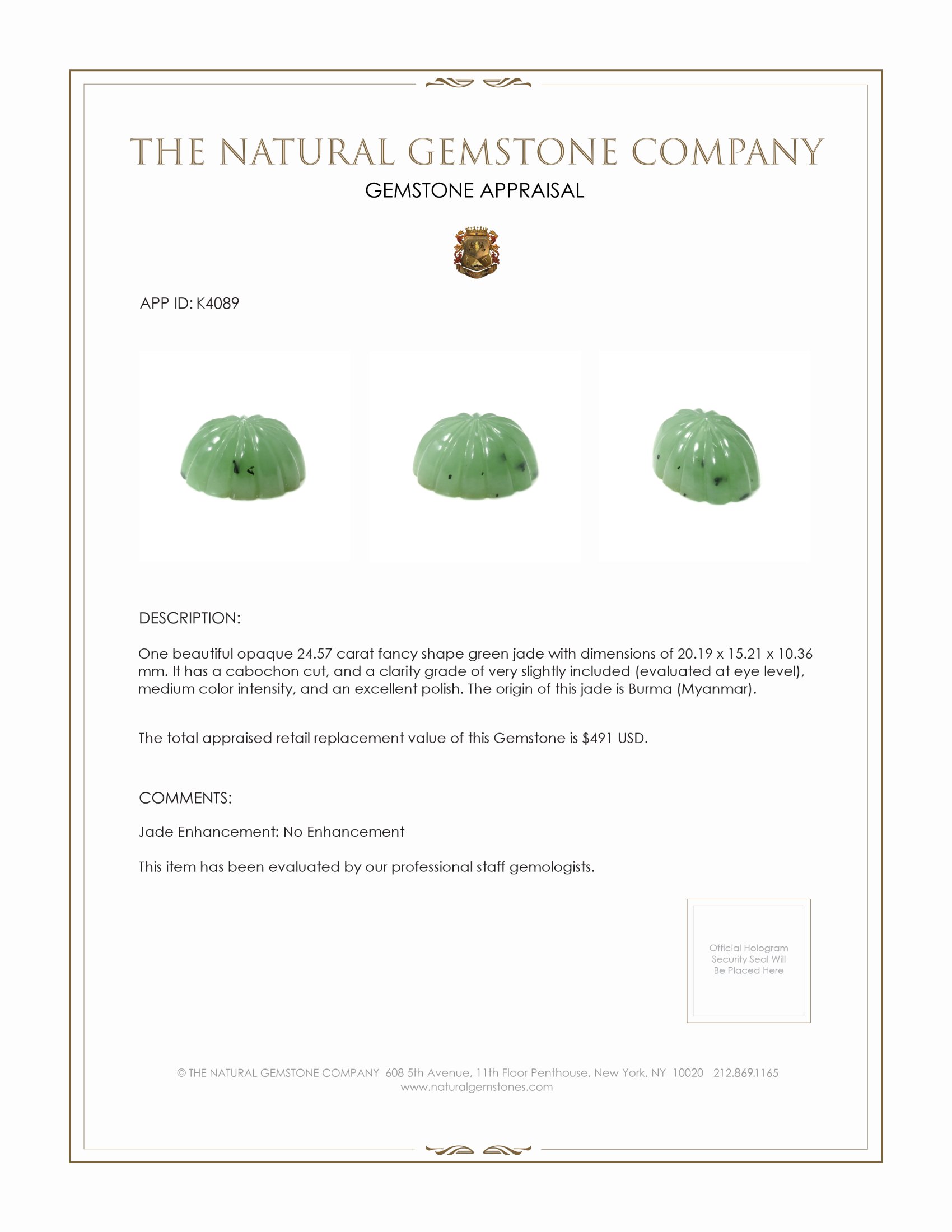 24.57 Ct. Cabochon Jade from Burma (Myanmar)