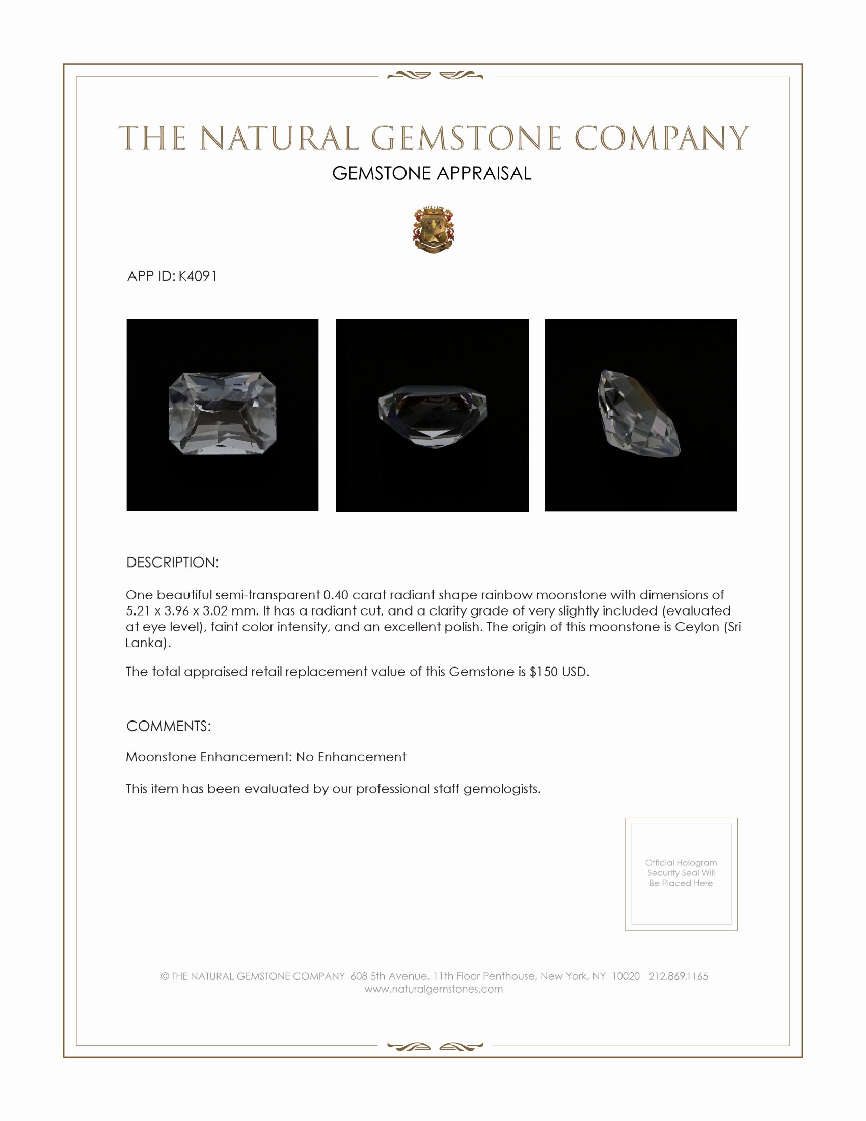 0.40 Ct. Moonstone from Ceylon (Sri Lanka)