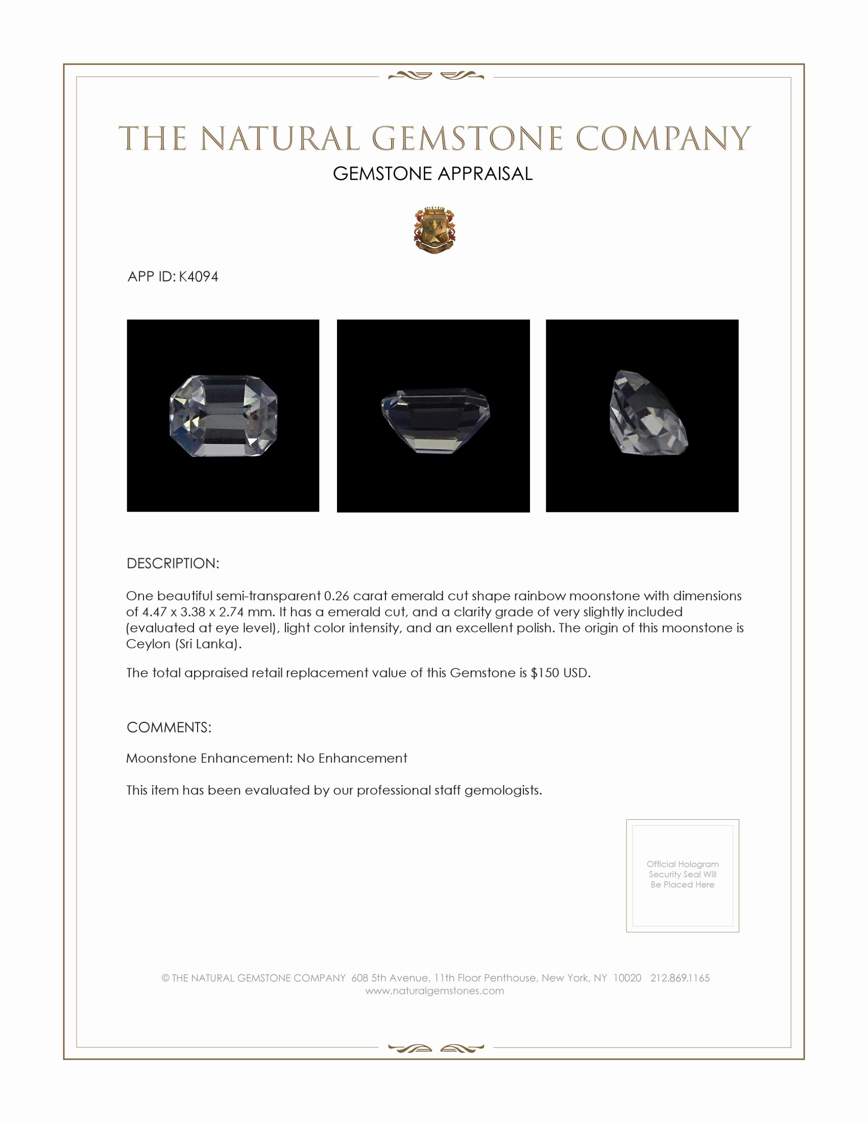 0.26 Ct. Moonstone from Ceylon (Sri Lanka)