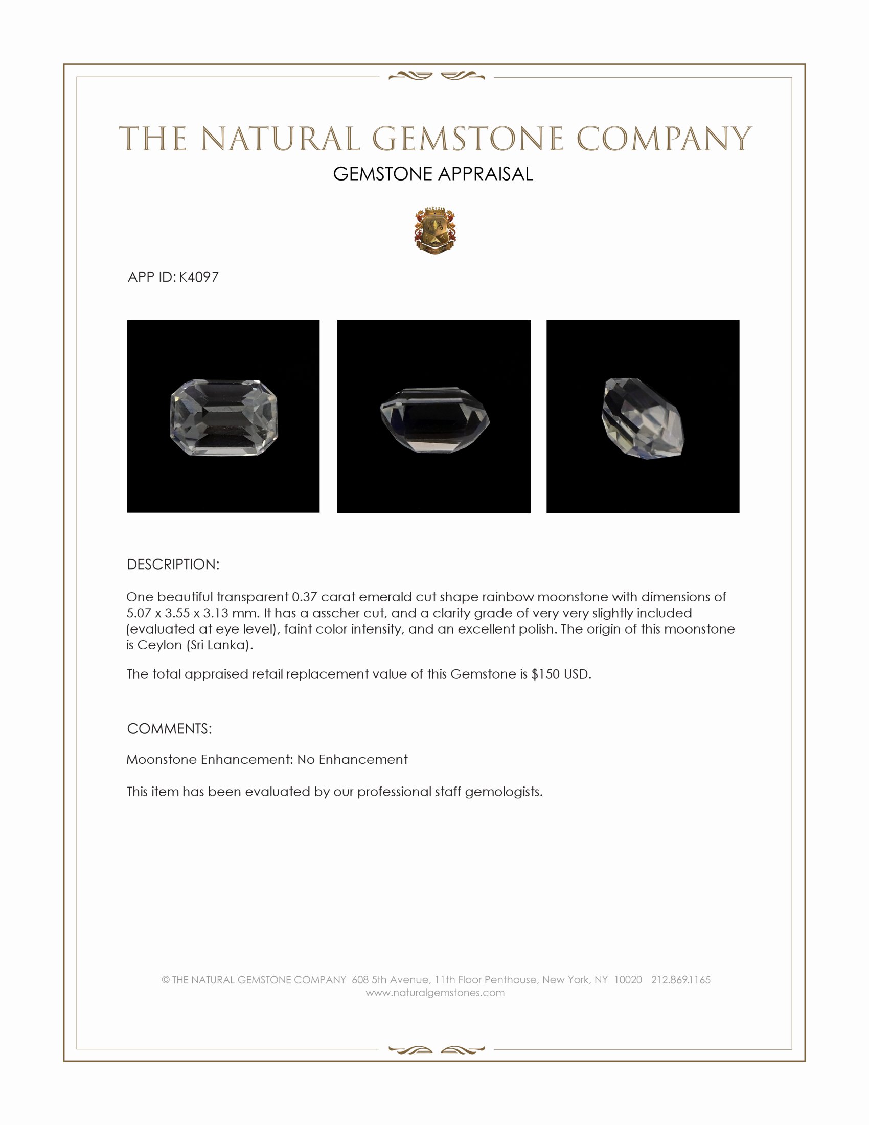 0.37 Ct. Rainbow Moonstone from Ceylon (Sri Lanka)