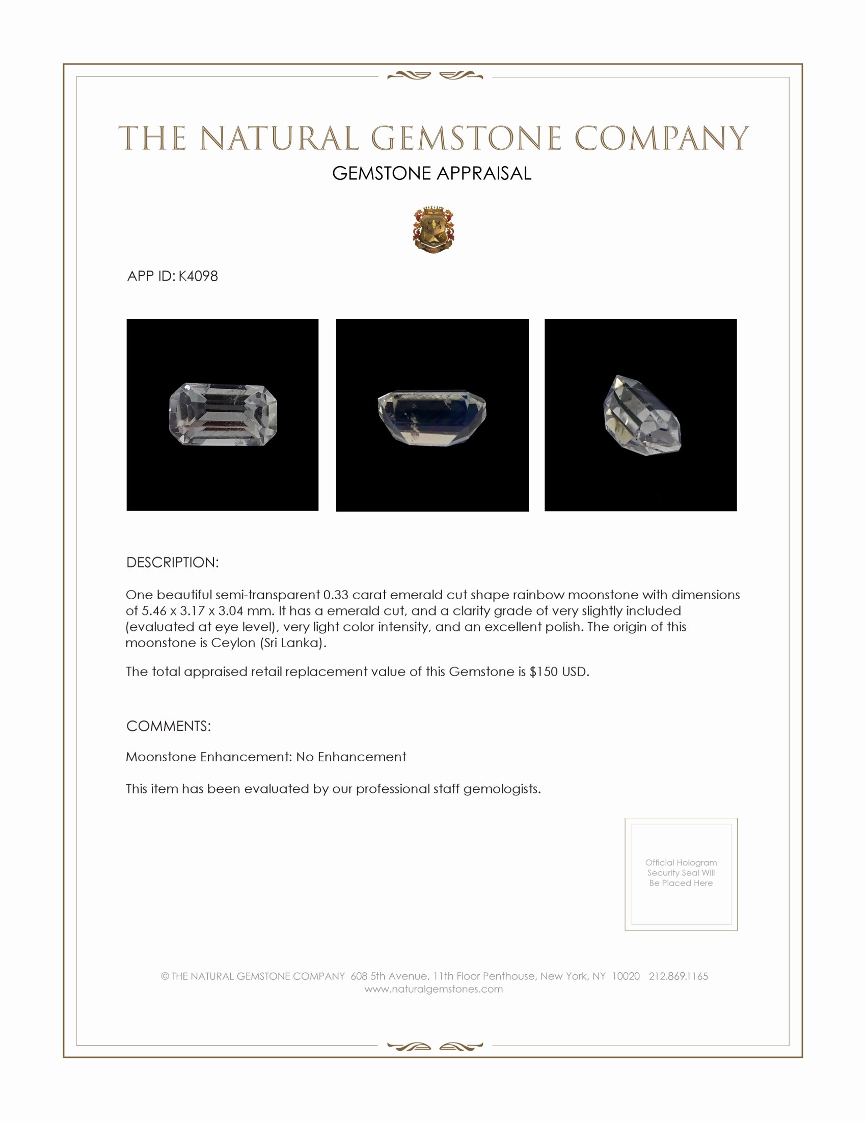 0.33 Ct. Rainbow Moonstone from Ceylon (Sri Lanka)