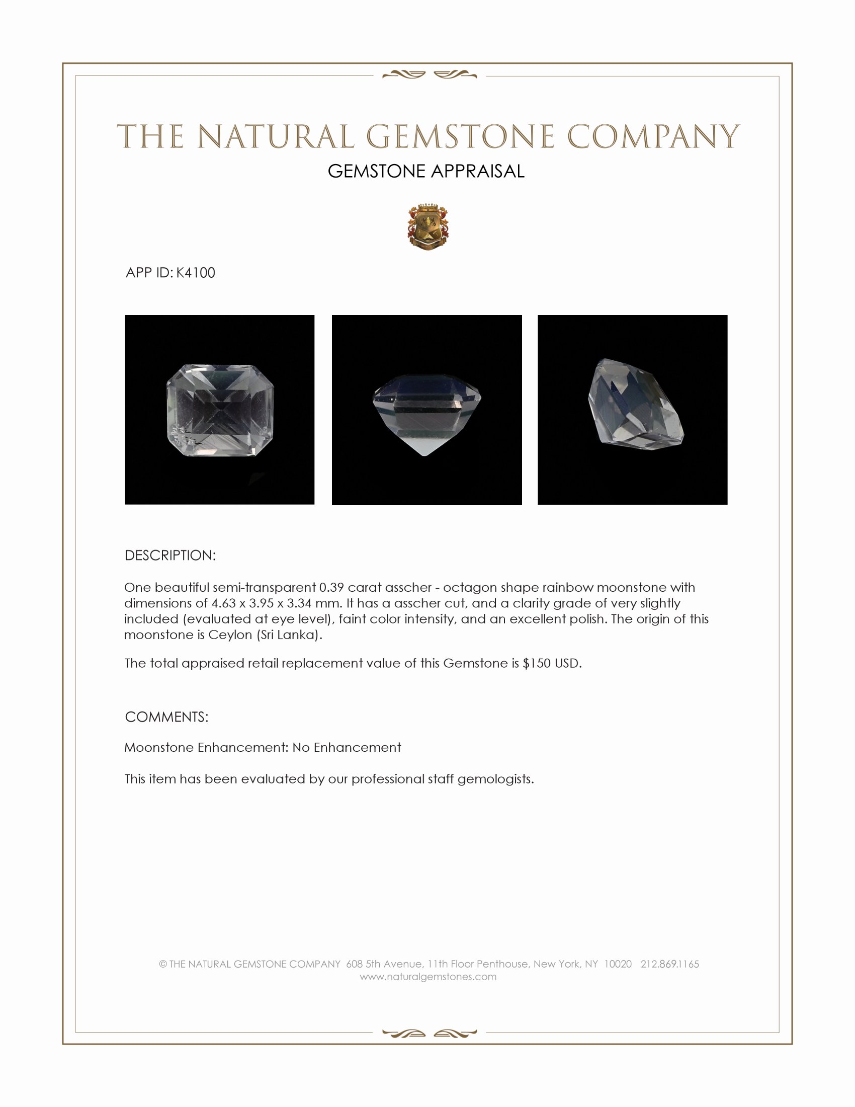 0.39 Ct. Moonstone from Ceylon (Sri Lanka)