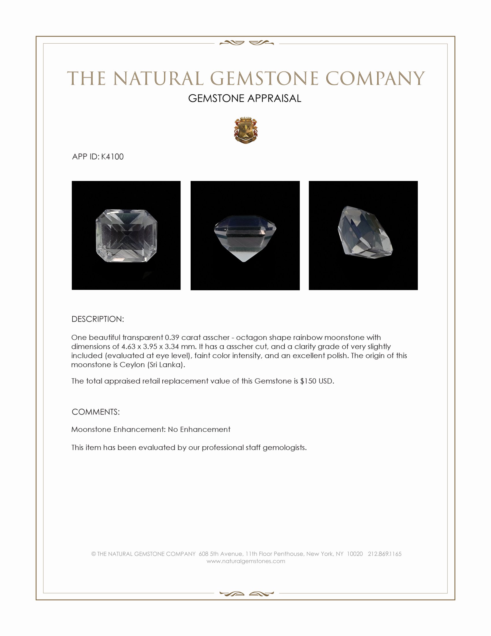 0.39 Ct. Moonstone from Ceylon (Sri Lanka)