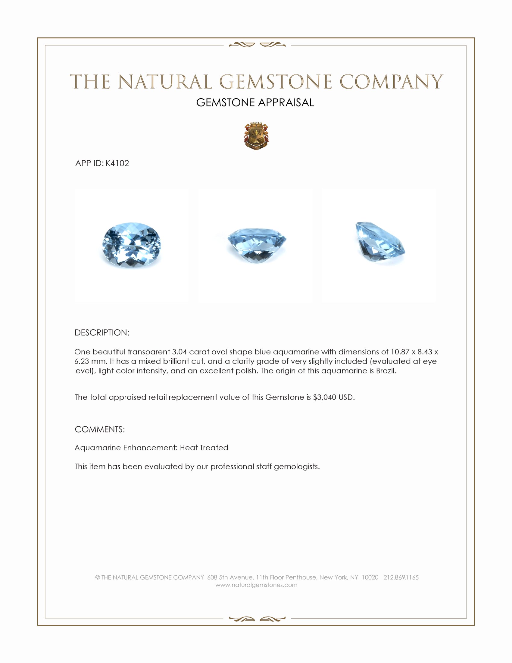 3.04 Ct. Blue Aquamarine from Brazil