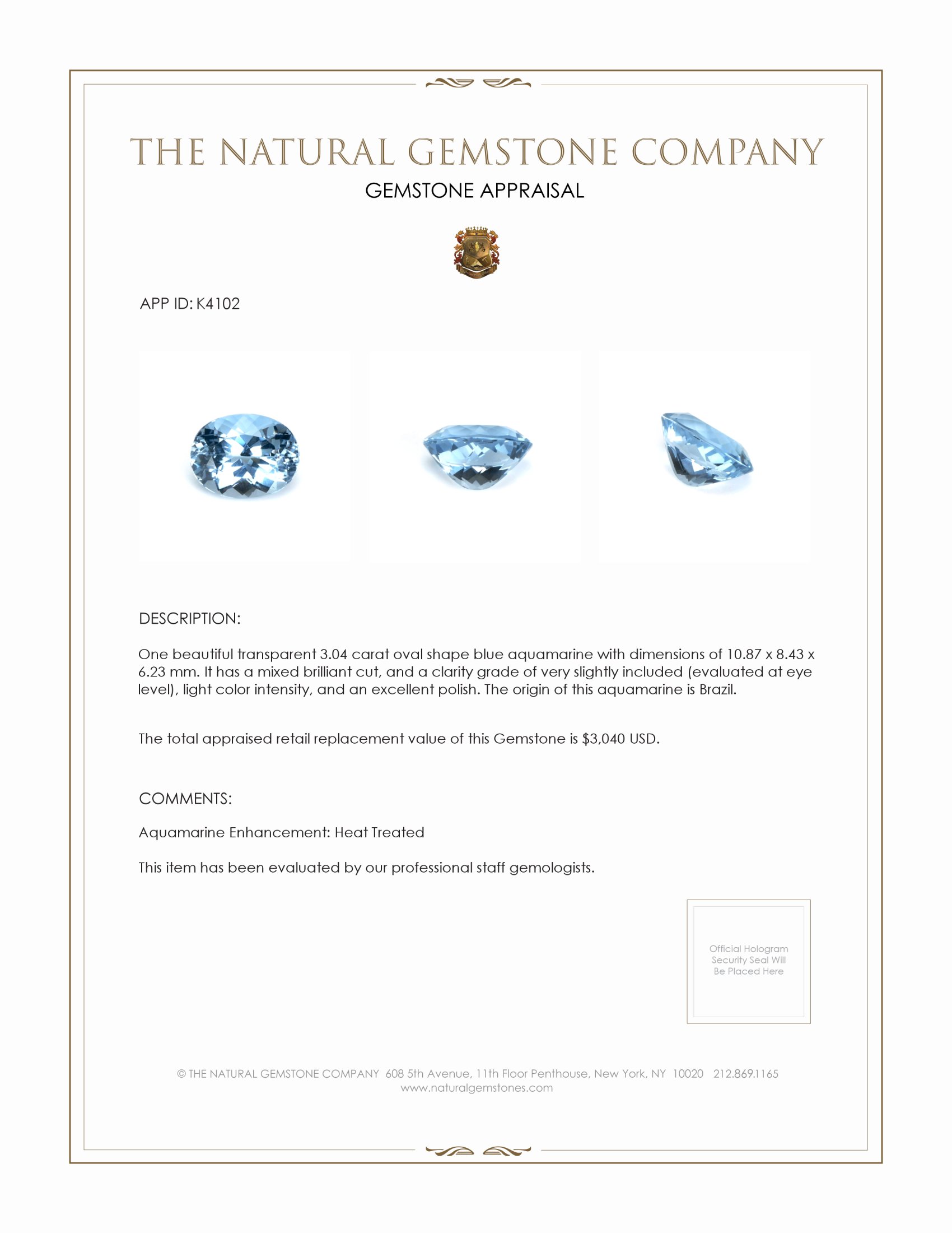 3.04 Ct. Aquamarine from Brazil