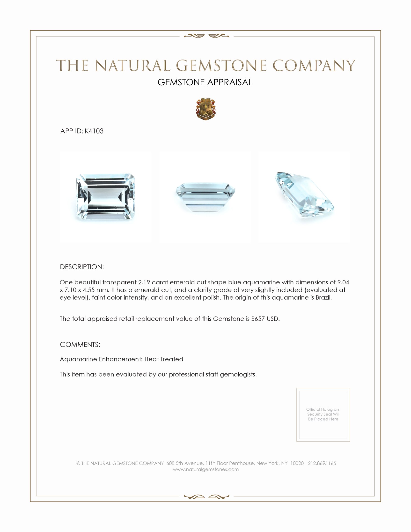 2.19 Ct. Aquamarine from Brazil