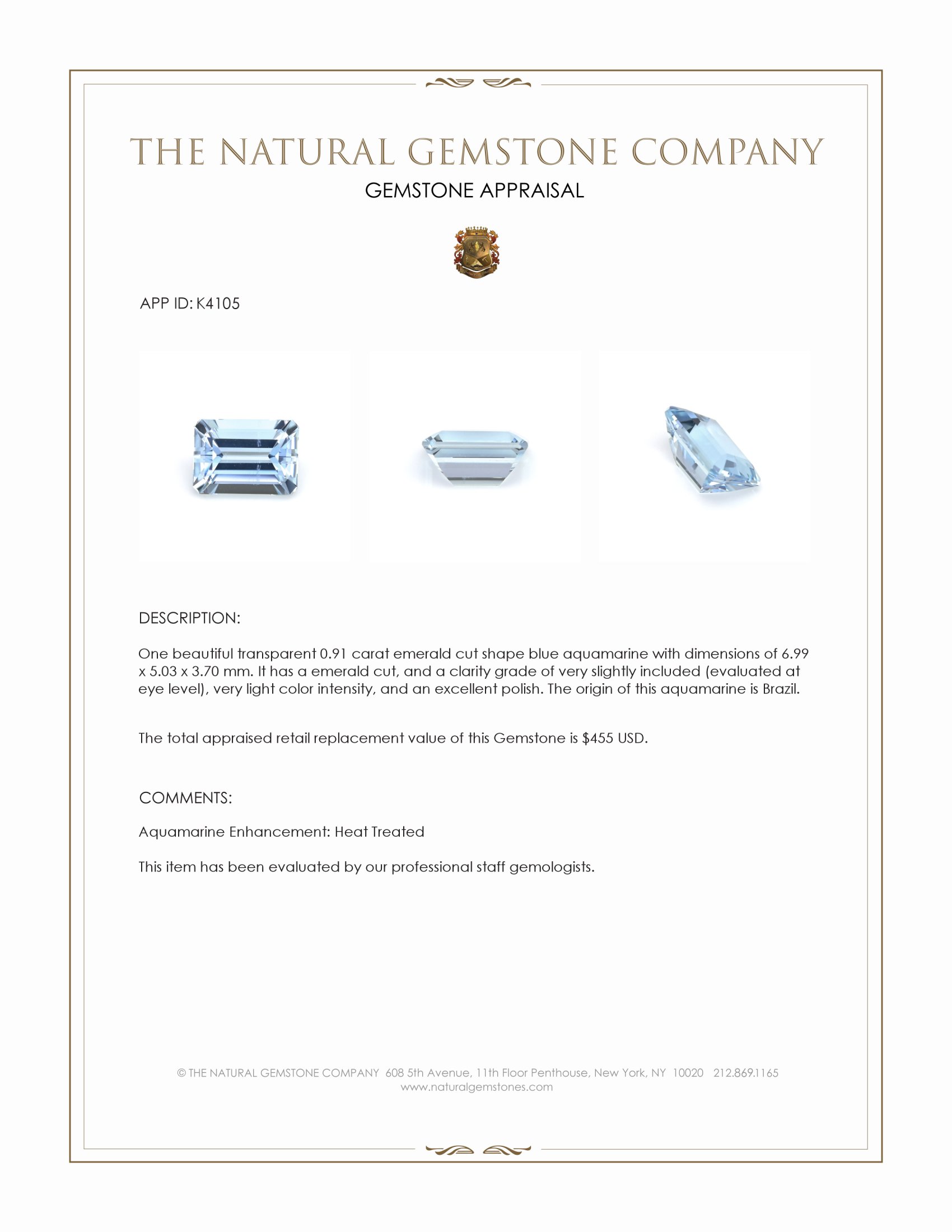 0.91 Ct. Aquamarine from Brazil