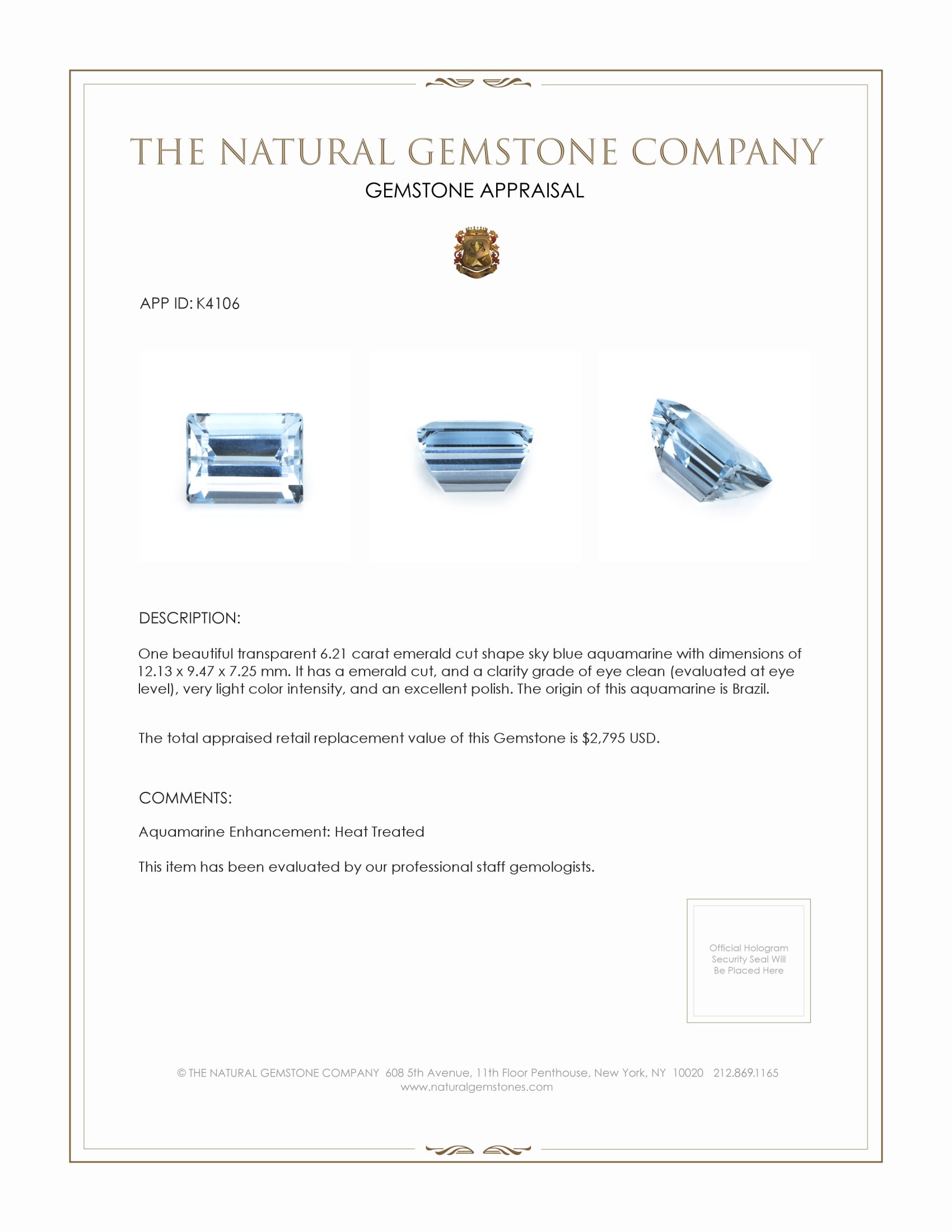 6.21 Ct. Aquamarine from Brazil