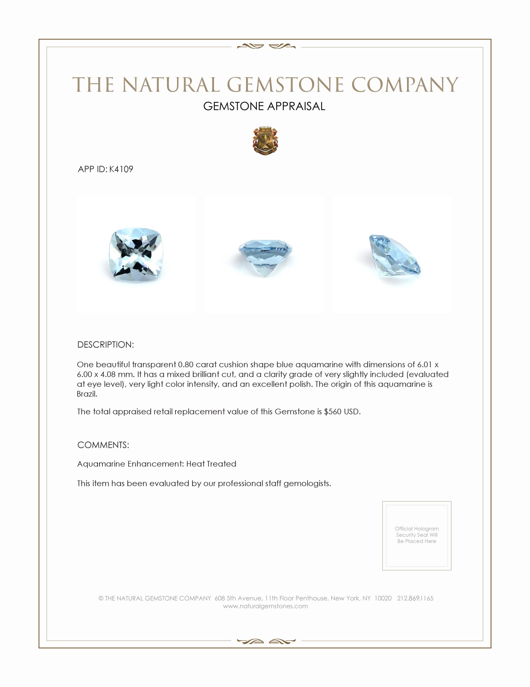 0.80 Ct. Aquamarine from Brazil