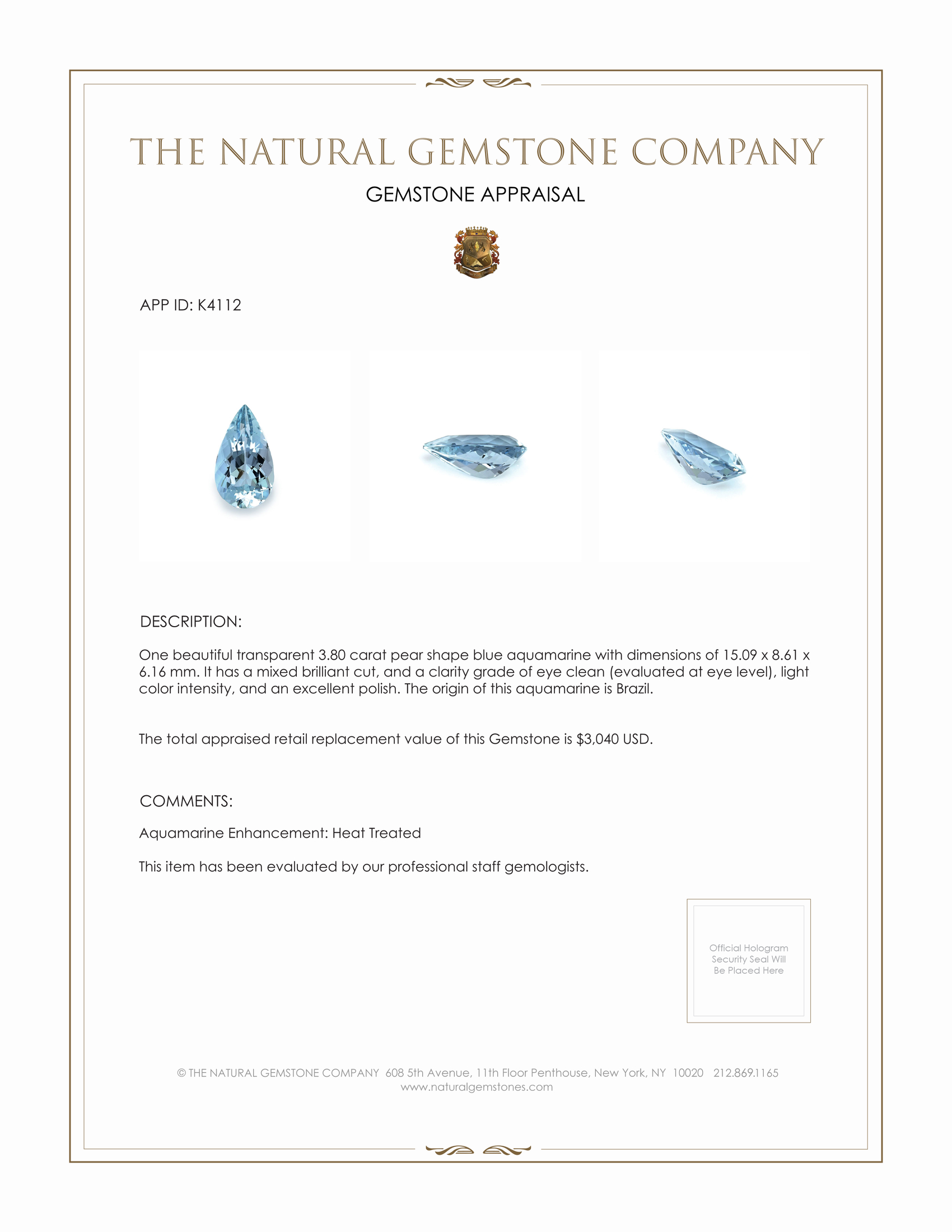 3.80 Ct. Blue Aquamarine from Brazil